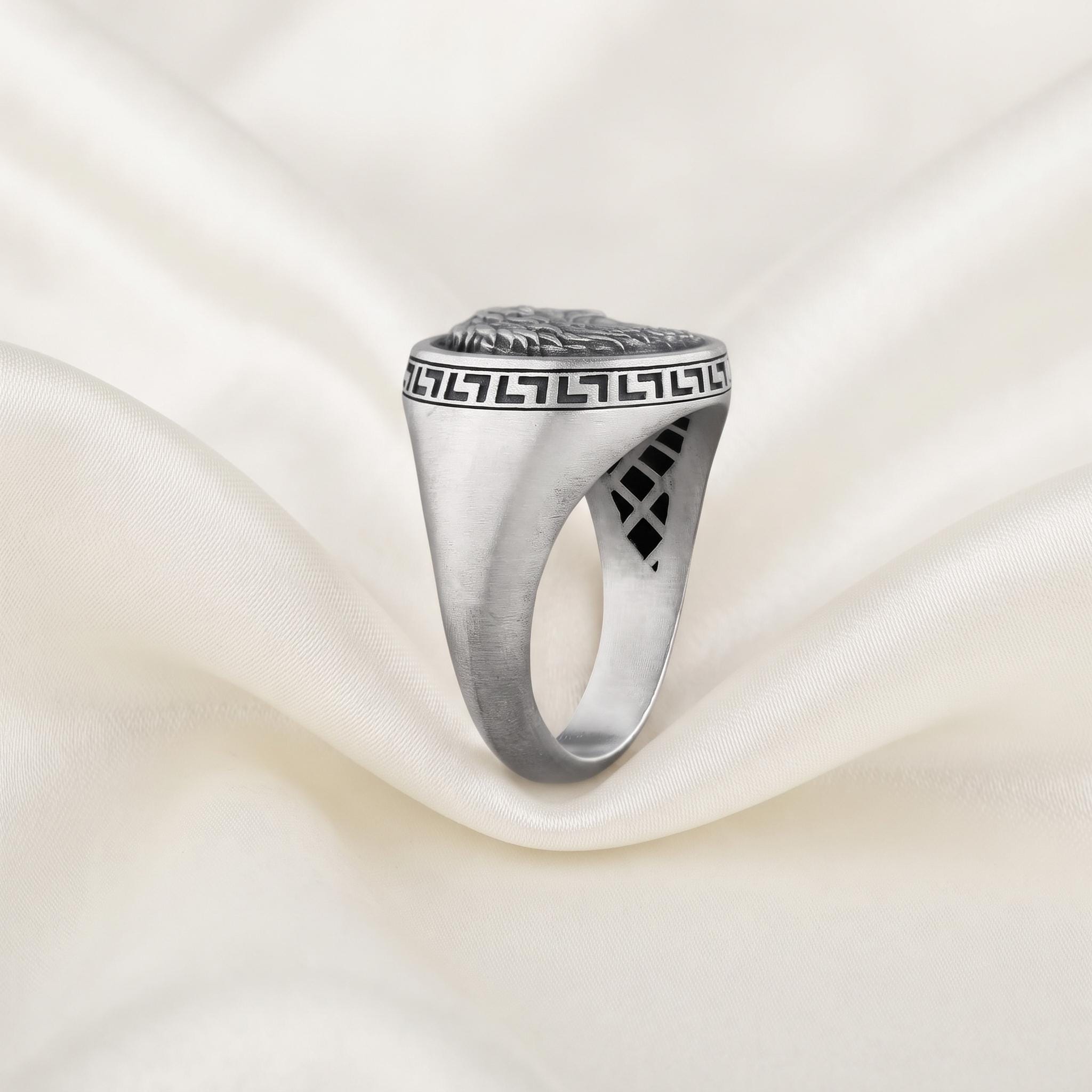 Solid Sterling Silver Heracles Lion Signet Ring, Greek Mythology Men's Band