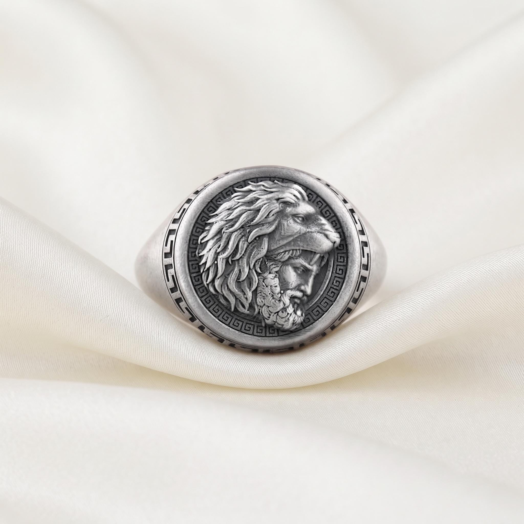 Solid Sterling Silver Heracles Lion Signet Ring, Greek Mythology Men's Band