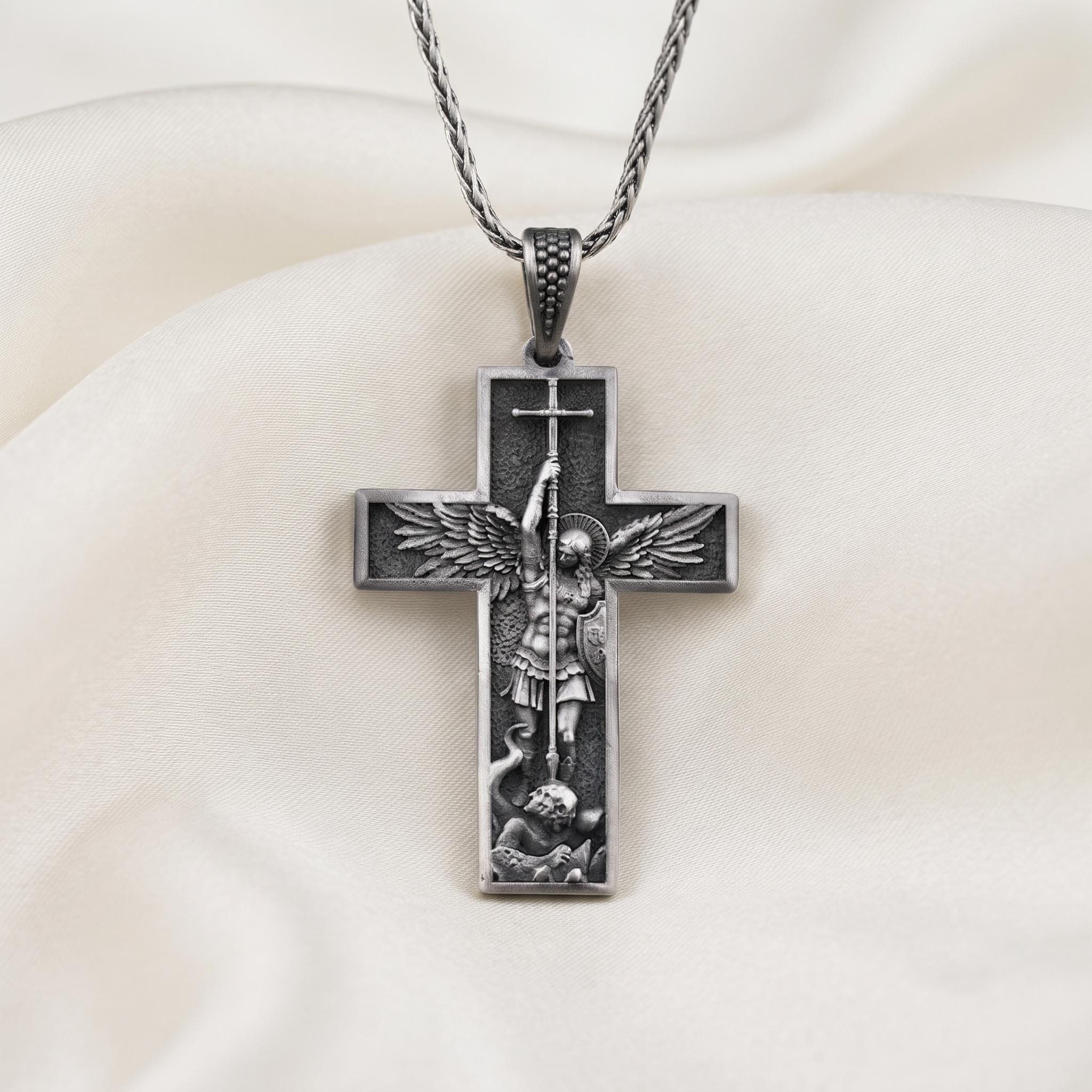Sterling Silver Archangel Michael Cross Pendant, Oxidized Finish, Religious Protection Jewelry