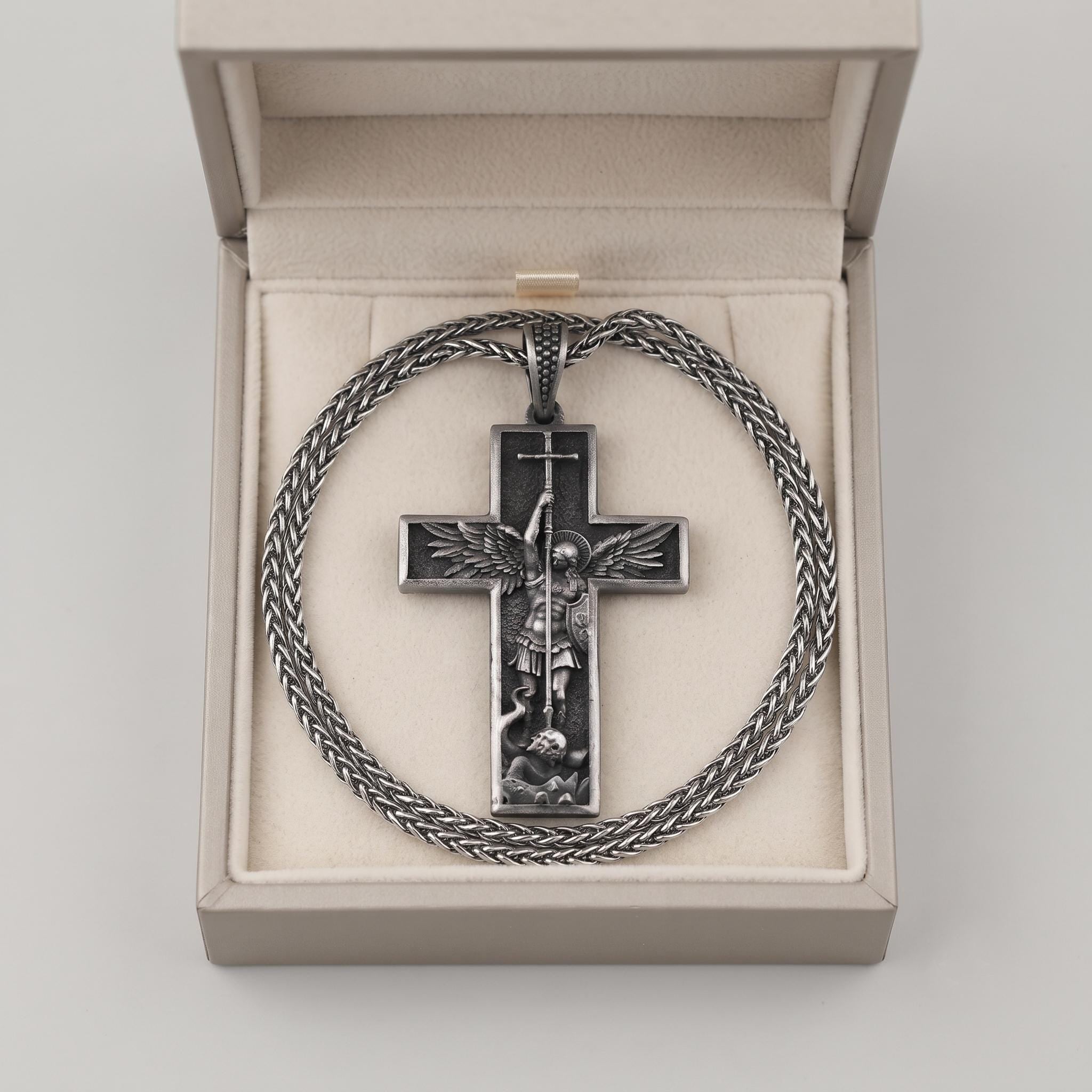 Sterling Silver Archangel Michael Cross Pendant, Oxidized Finish, Religious Protection Jewelry