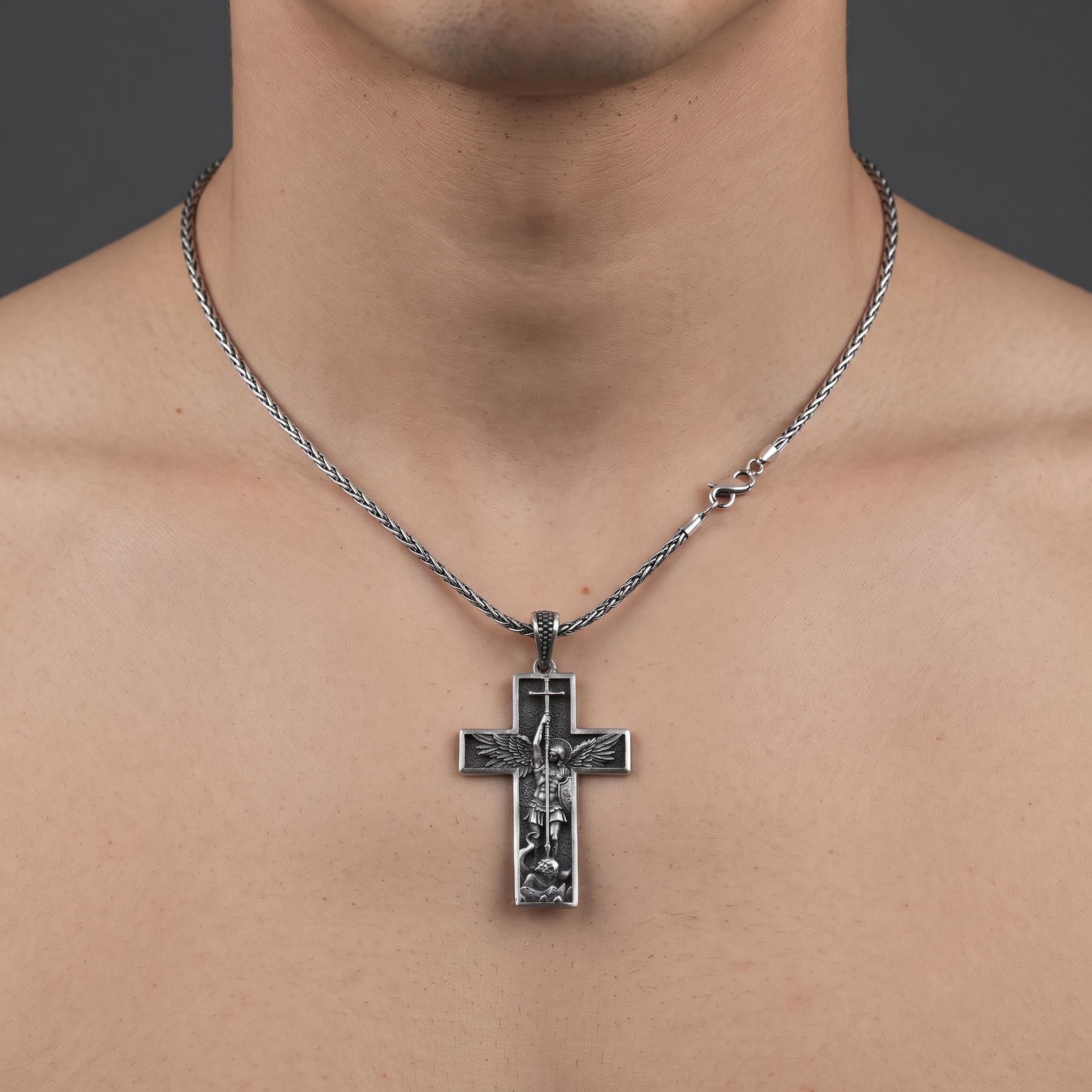 Sterling Silver Archangel Michael Cross Pendant, Oxidized Finish, Religious Protection Jewelry