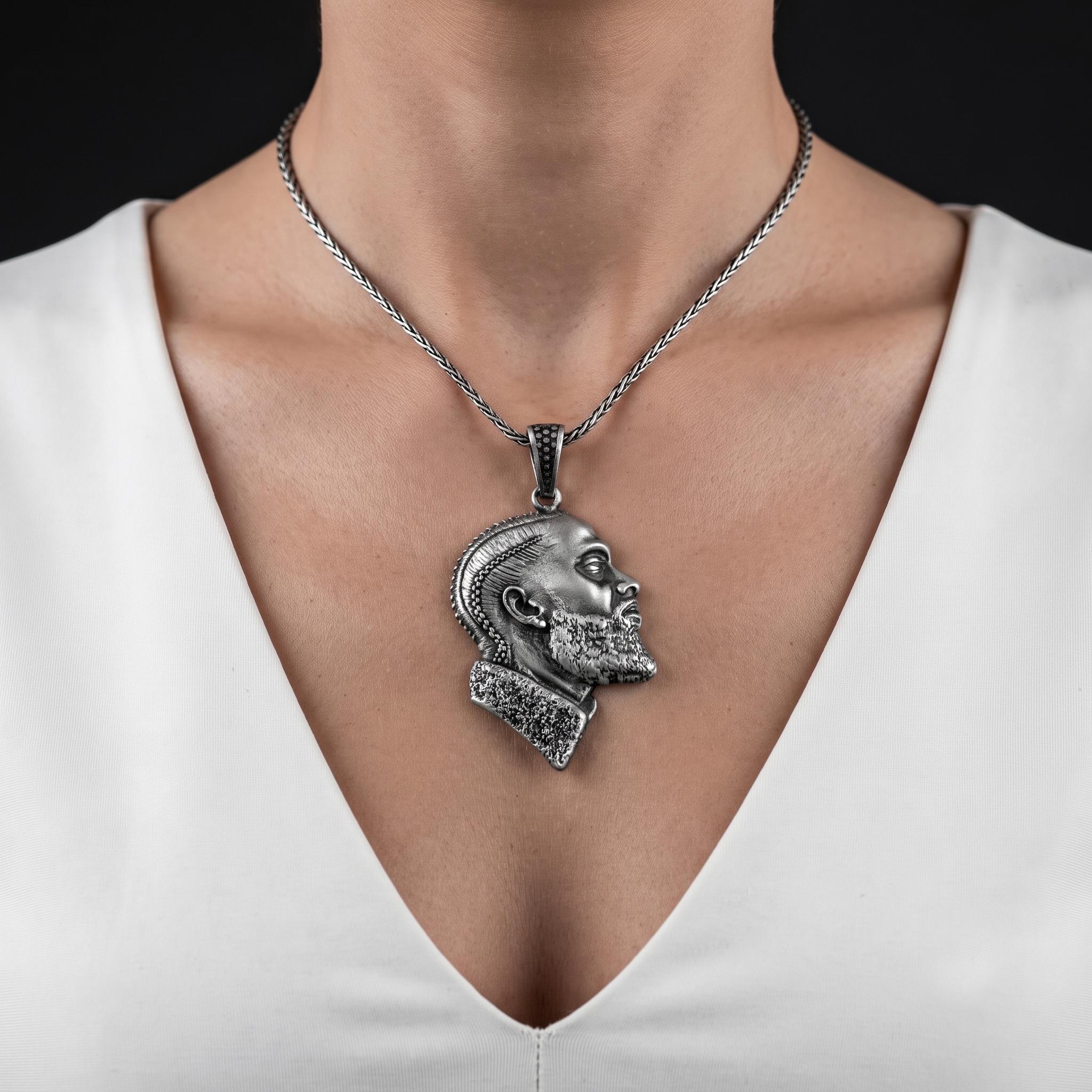 Nipsey Hussle Portrait Pendant, Marathon Continues Necklace, Oxidized Sterling Silver Hip Hop Jewelry