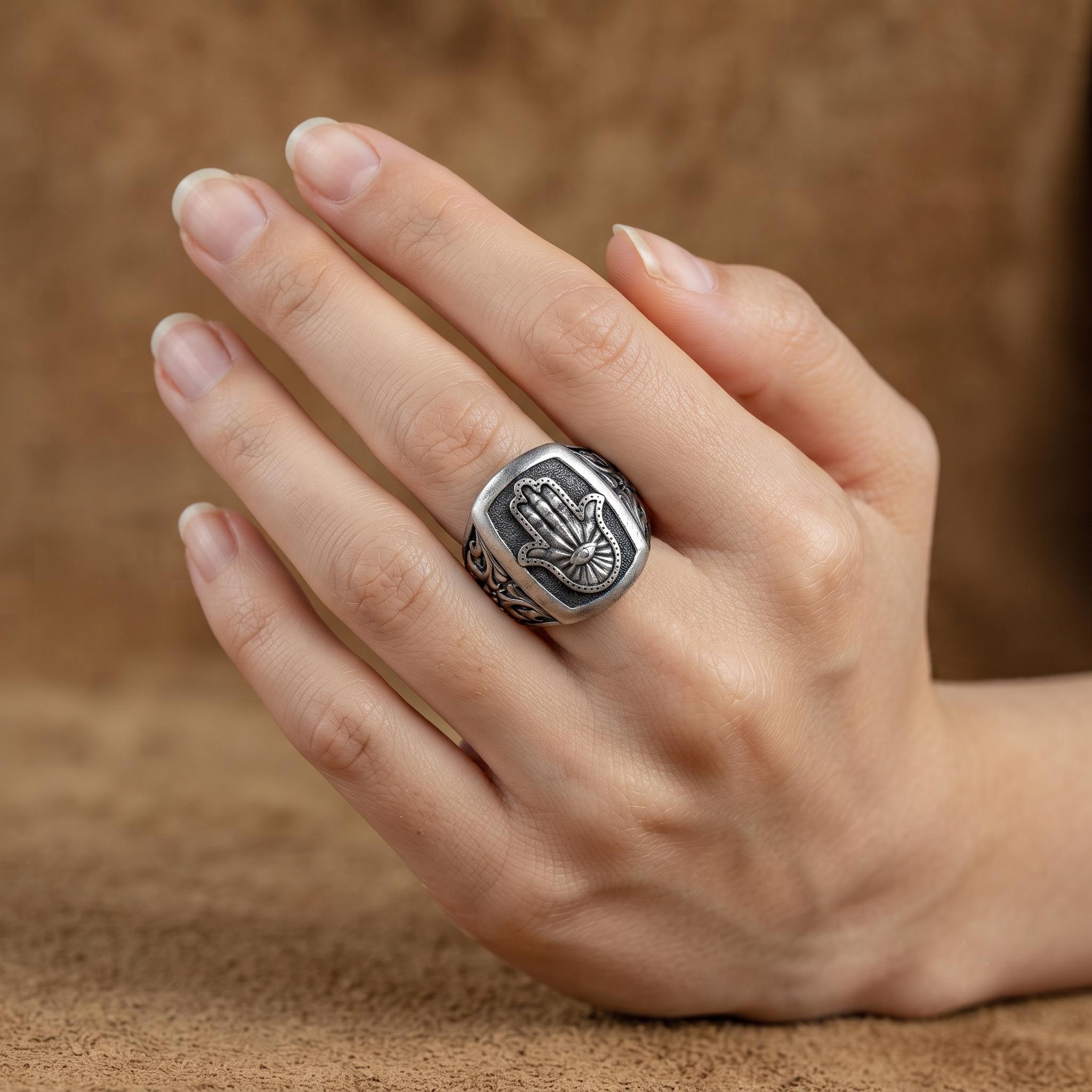 Sterling Silver Hamsa Hand Evil Eye Signet Ring, Oxidized Filigree Band