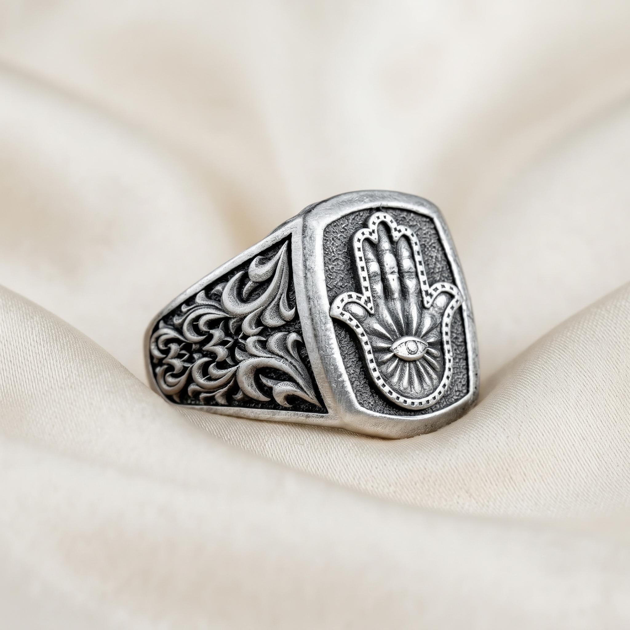 Sterling Silver Hamsa Hand Evil Eye Signet Ring, Oxidized Filigree Band