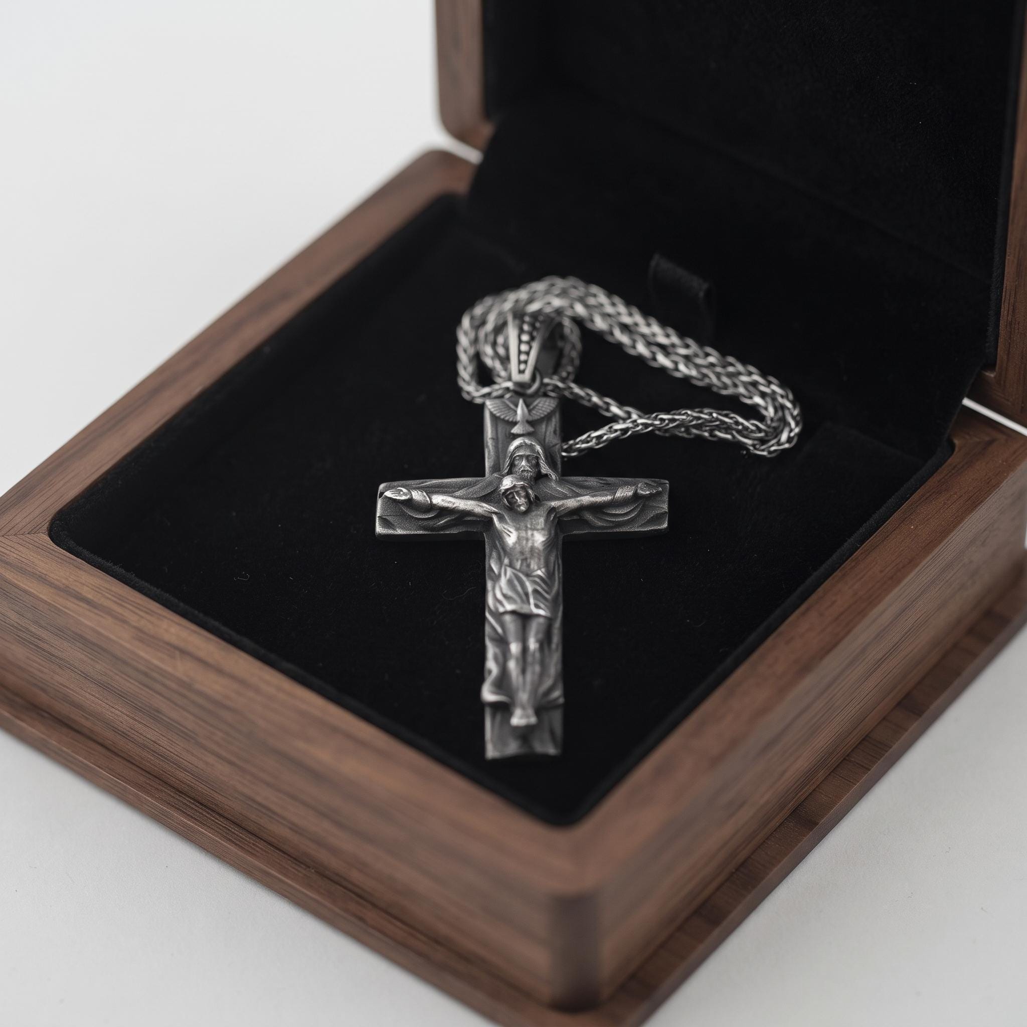 Sterling Silver Oxidized Crucifix Pendant, Jesus Christ Cross Necklace, Religious Gift