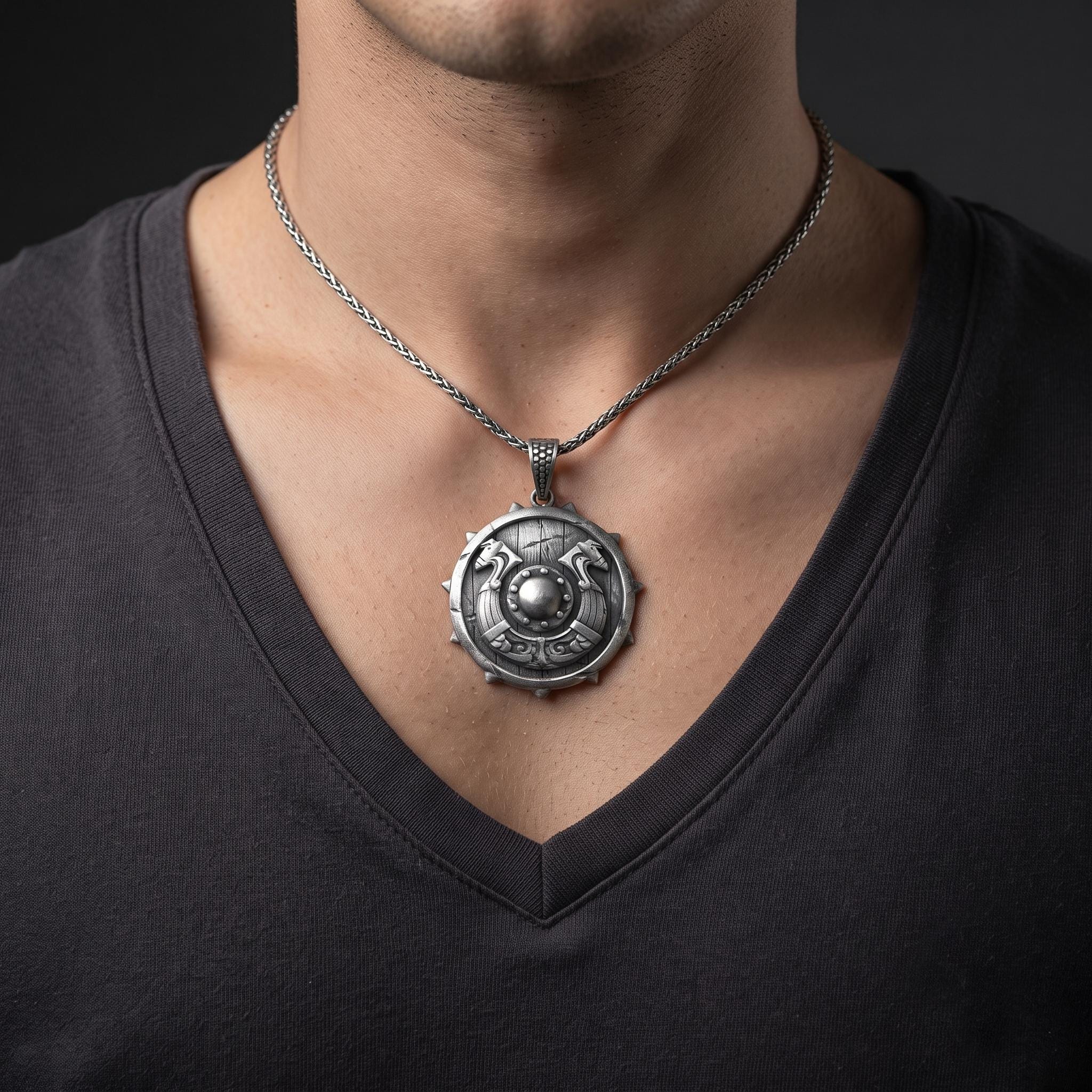 Oxidized Sterling Silver Viking Shield Pendant, Norse Warrior Necklace, Medieval Jewelry
