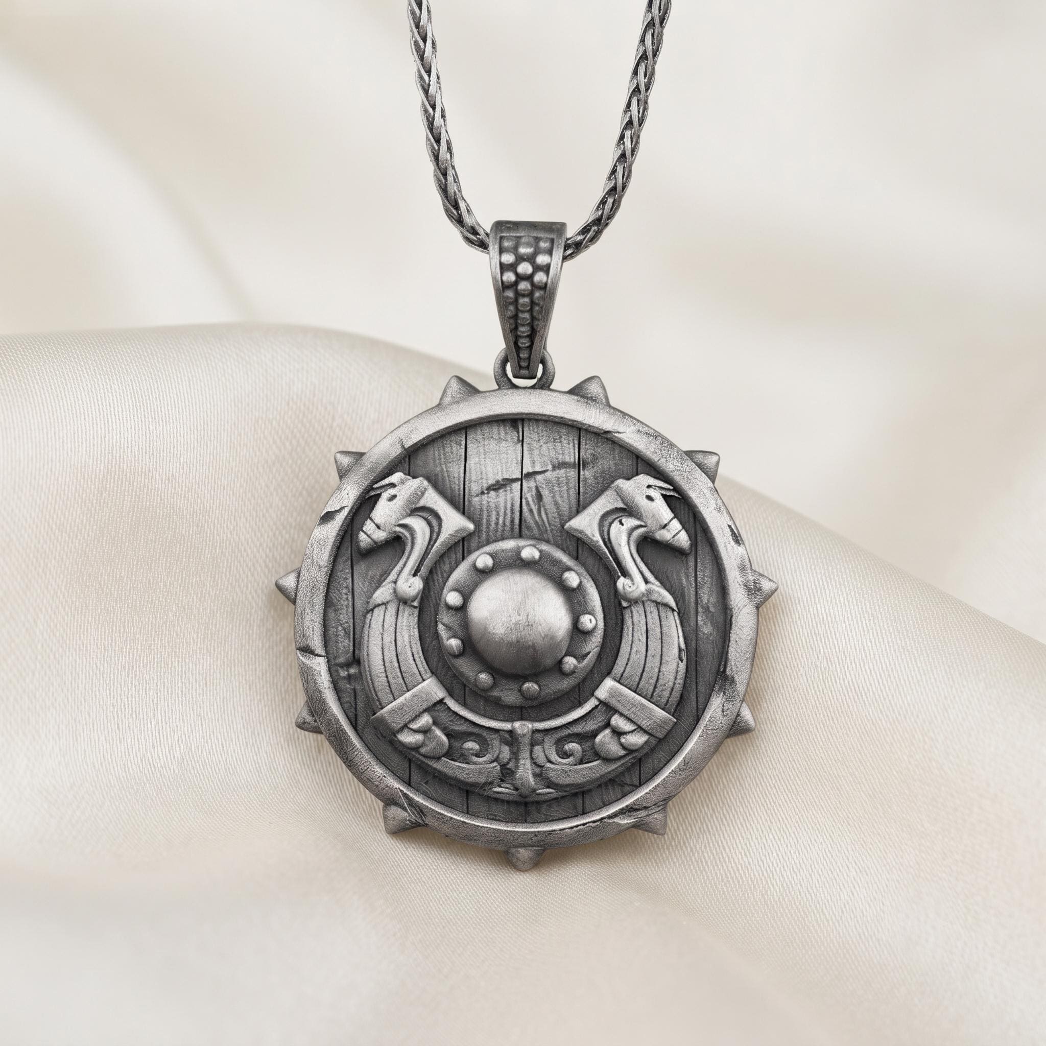 Oxidized Sterling Silver Viking Shield Pendant, Norse Warrior Necklace, Medieval Jewelry