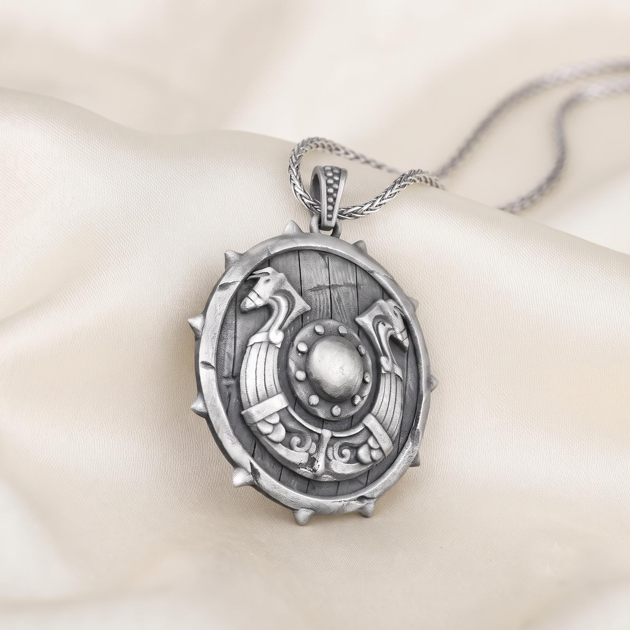 Oxidized Sterling Silver Viking Shield Pendant, Norse Warrior Necklace, Medieval Jewelry