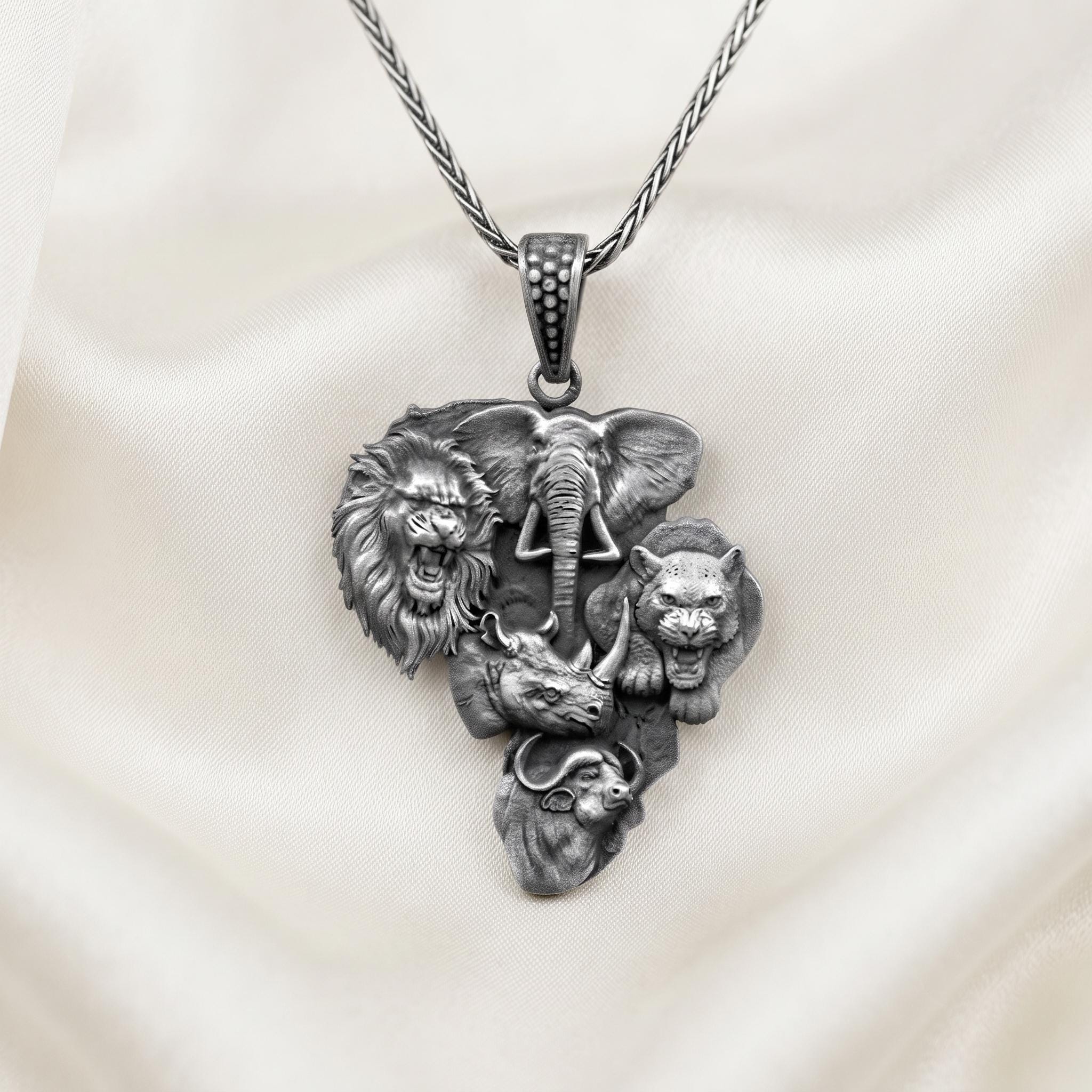 Sterling Silver African Map Big Five Pendant, Oxidized Safari Jewelry