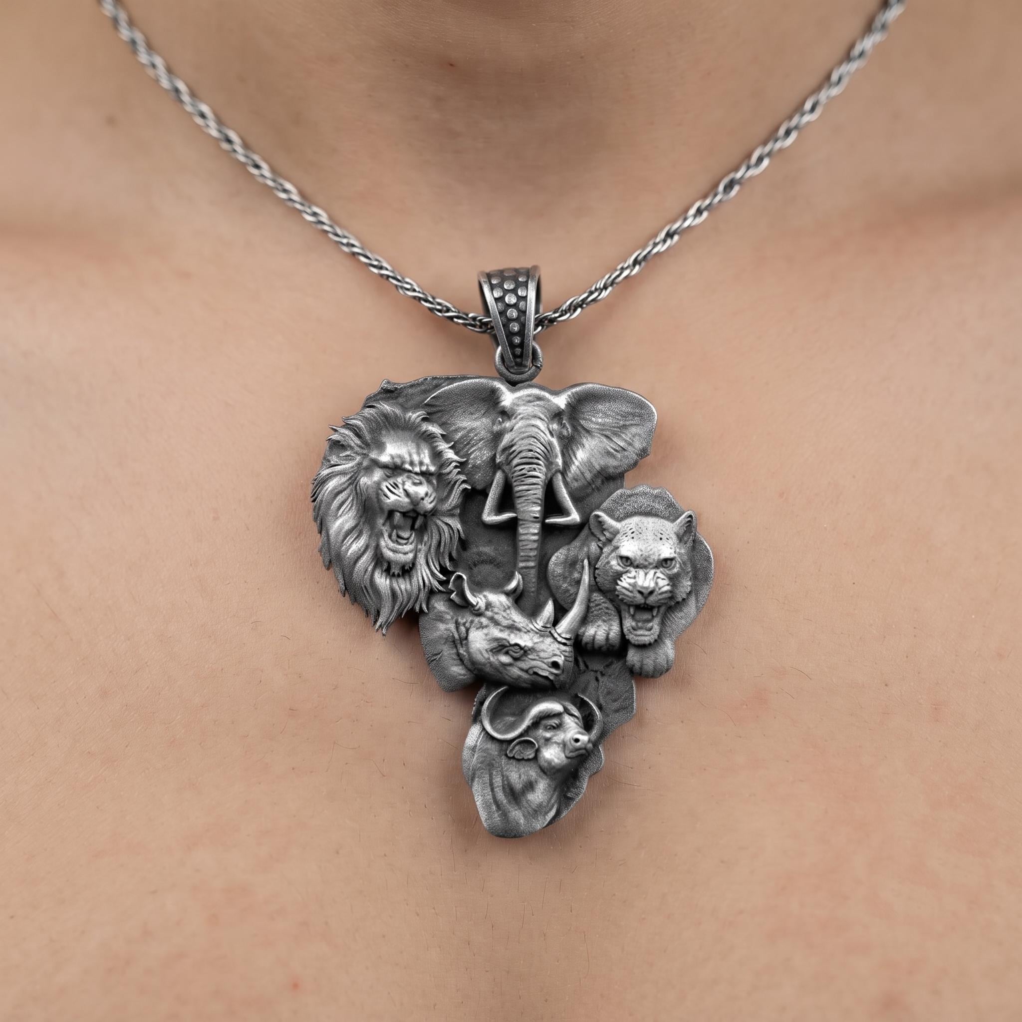 Sterling Silver African Map Big Five Pendant, Oxidized Safari Jewelry