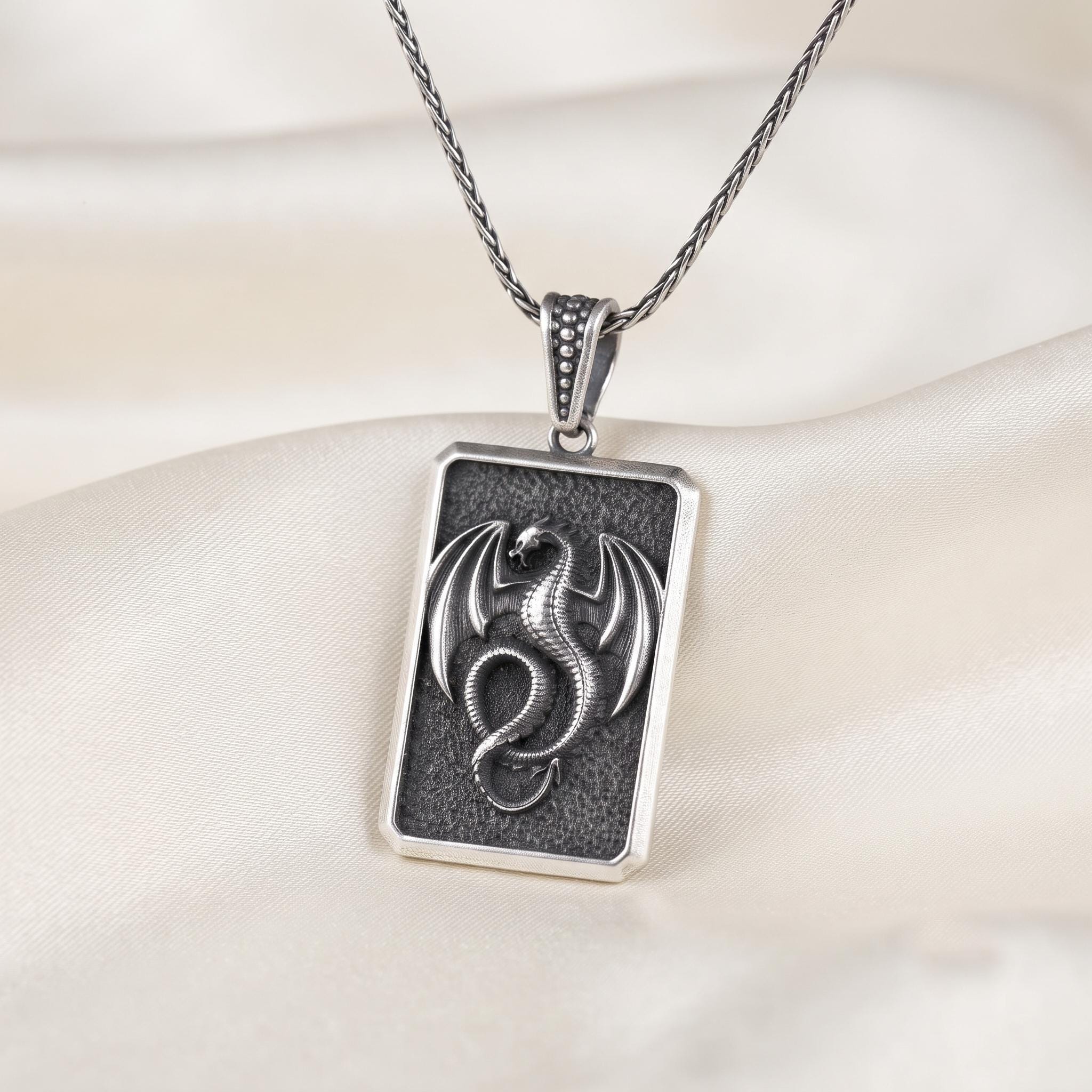 Sterling Silver Dragon Pendant, Gothic Fantasy Necklace, Oxidized Dog Tag Amulet