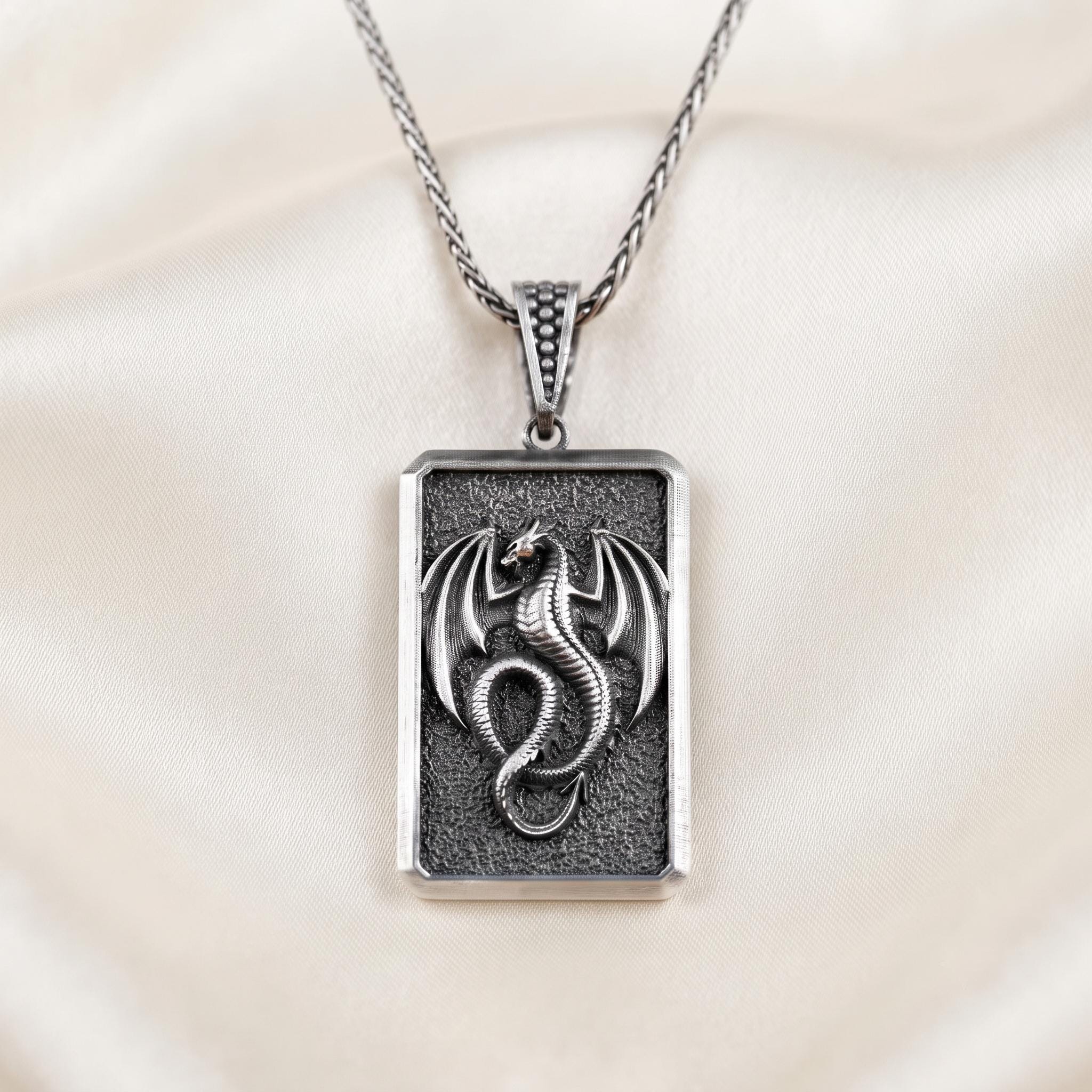 Sterling Silver Dragon Pendant, Gothic Fantasy Necklace, Oxidized Dog Tag Amulet