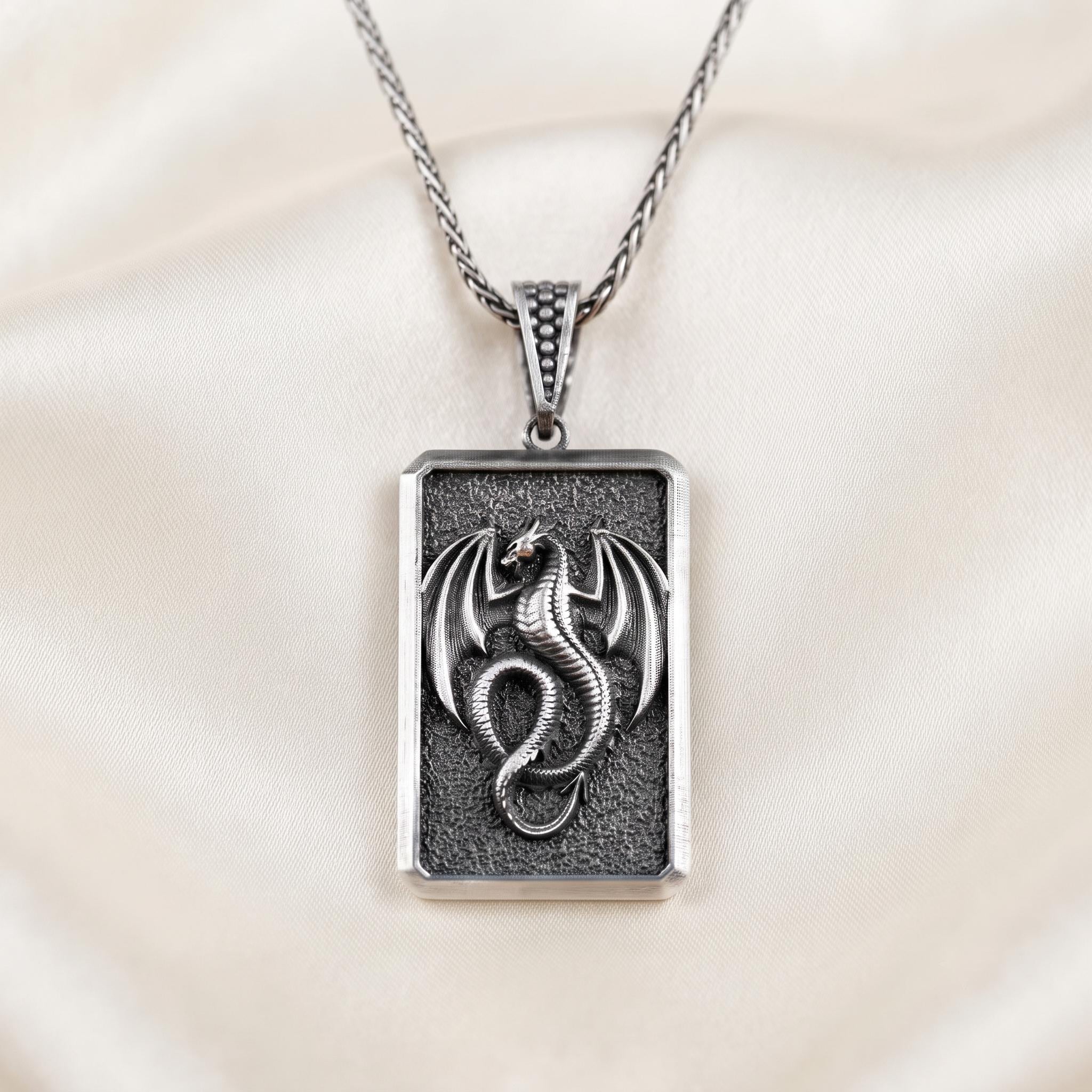 Sterling Silver Dragon Pendant, Gothic Fantasy Necklace, Oxidized Dog Tag Amulet
