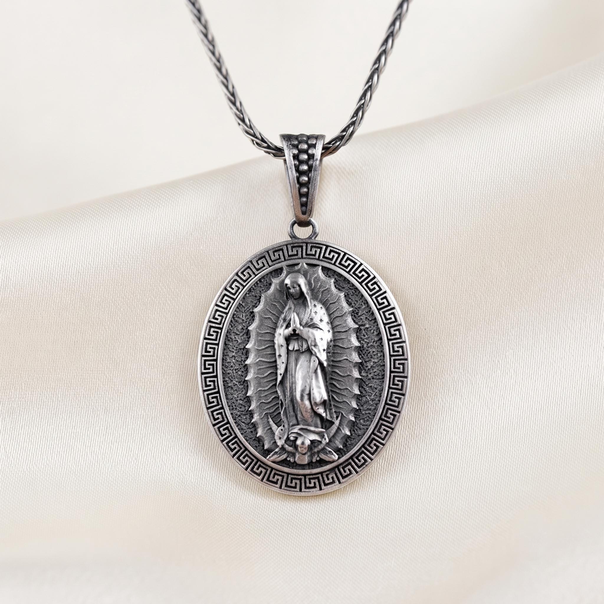 Sterling Silver Our Lady of Guadalupe Pendant, Oxidized Religious Jewelry