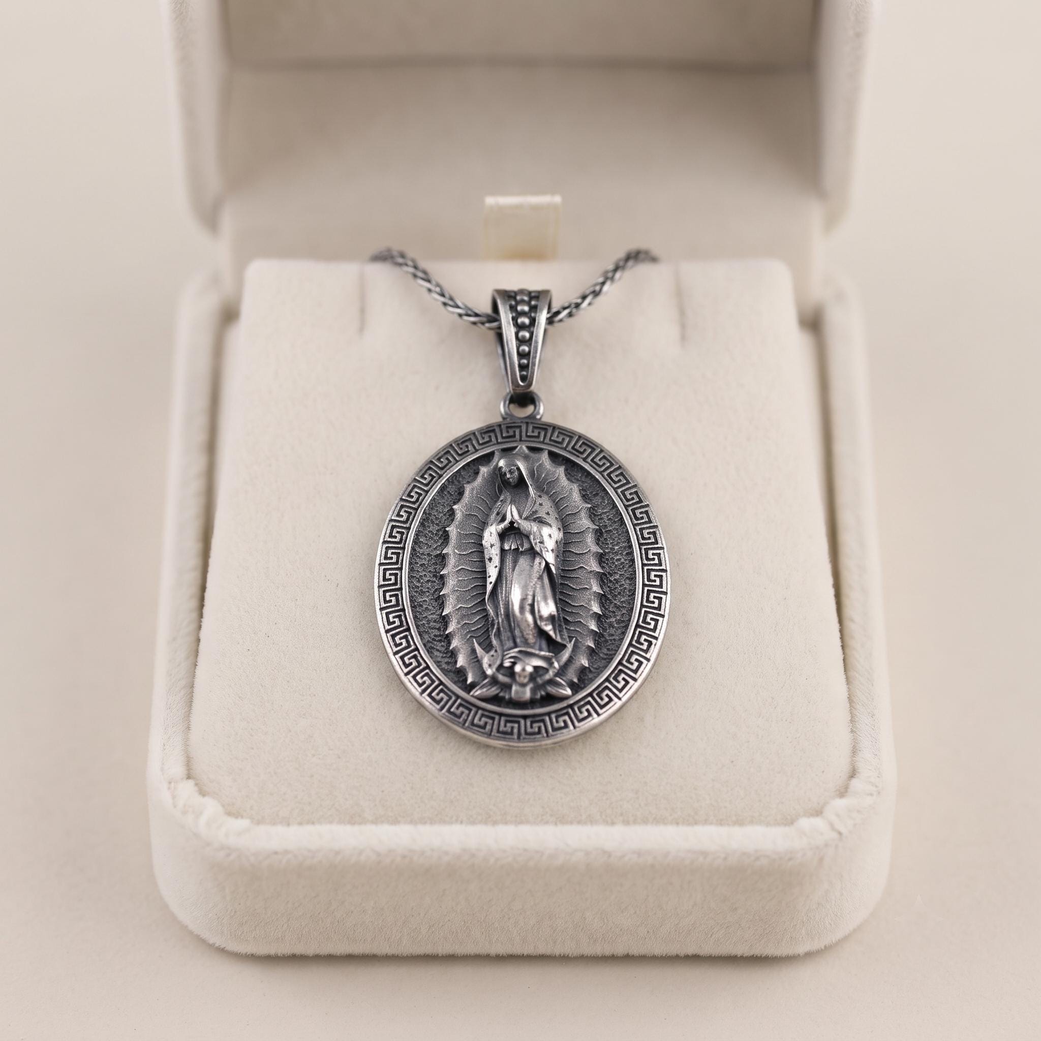 Sterling Silver Our Lady of Guadalupe Pendant, Oxidized Religious Jewelry