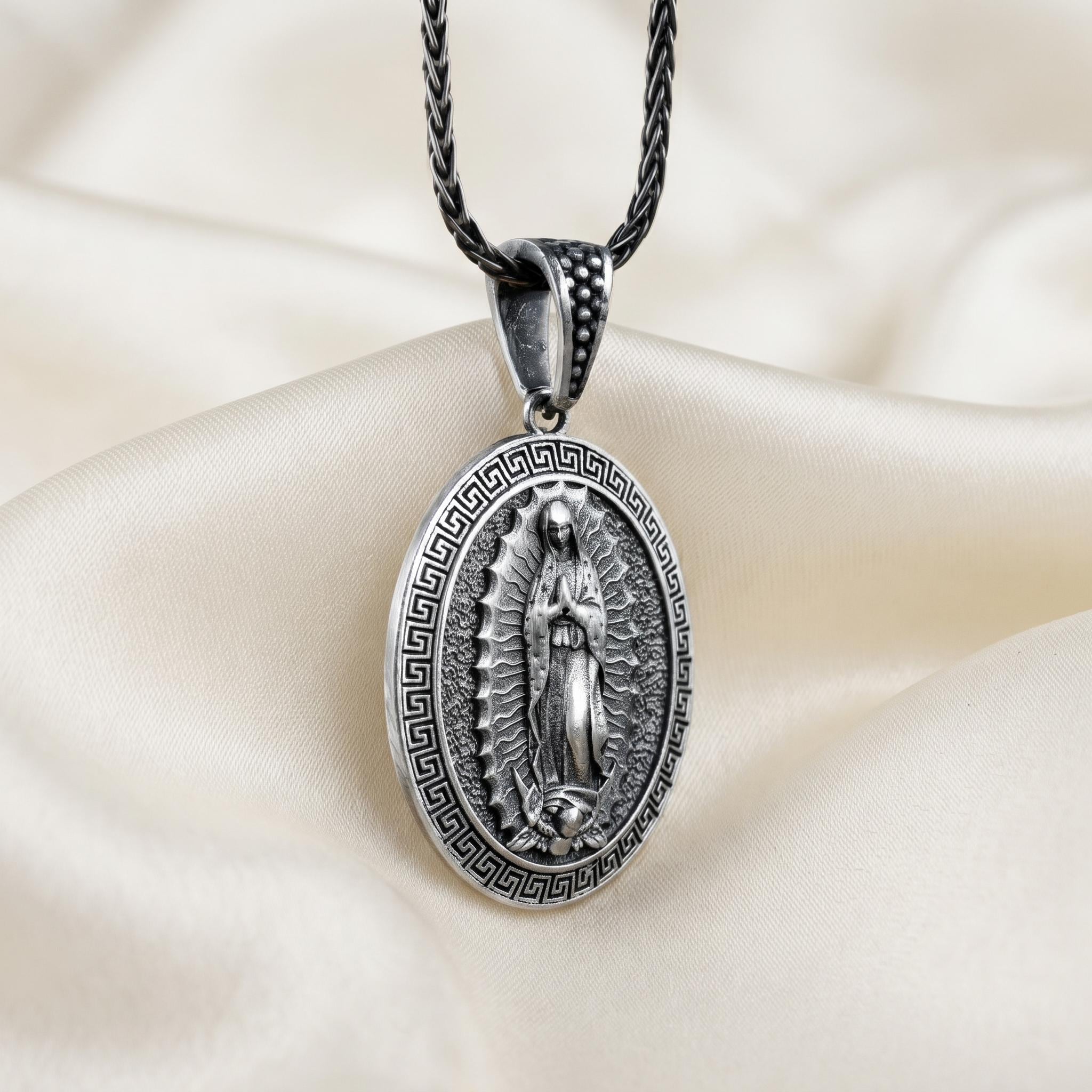 Sterling Silver Our Lady of Guadalupe Pendant, Oxidized Religious Jewelry