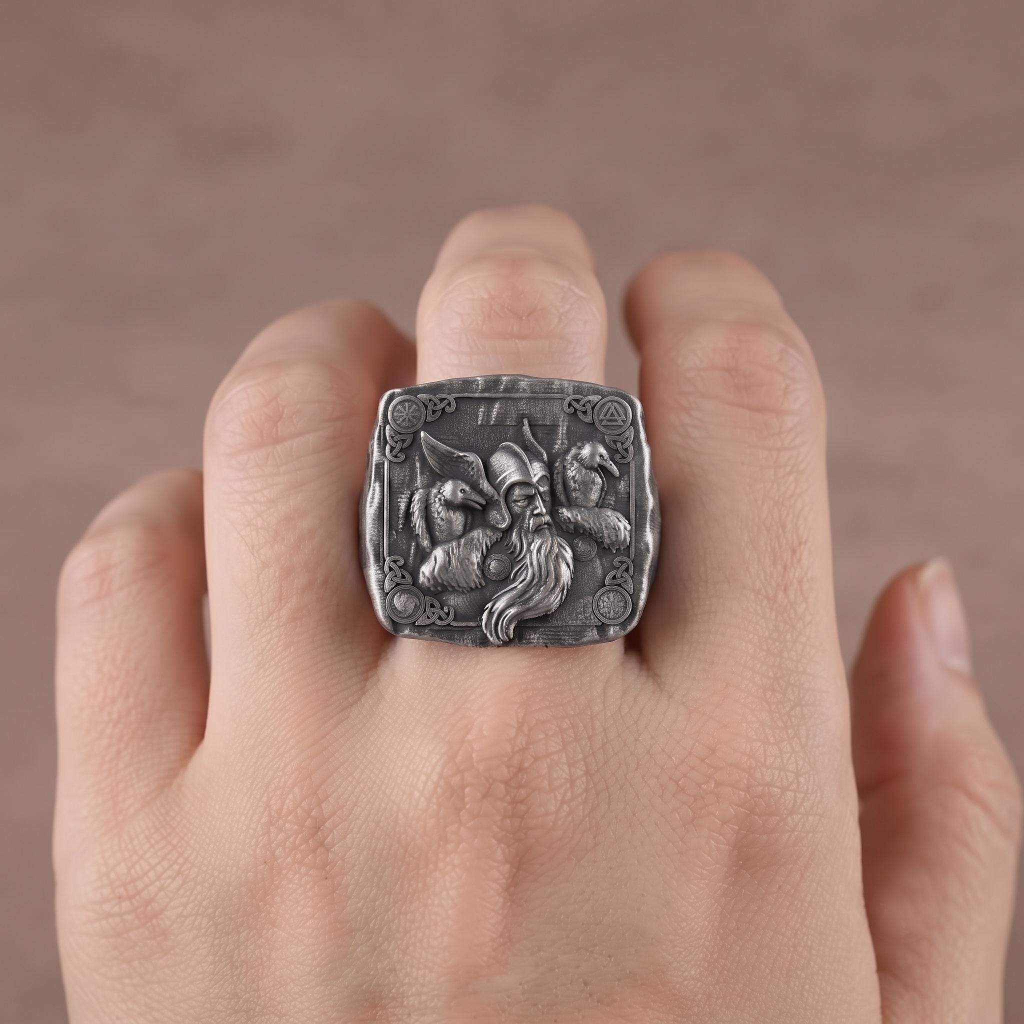 Handmade Sterling Silver Odin Ring with Ravens, Viking Mythology Signet Ring (Oxidized Finish)