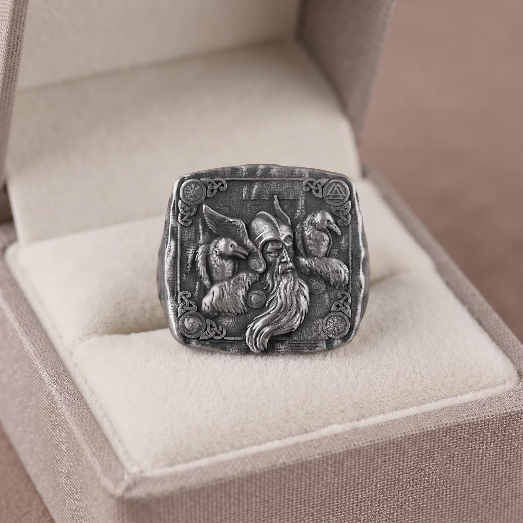 Handmade Sterling Silver Odin Ring with Ravens, Viking Mythology Signet Ring (Oxidized Finish)