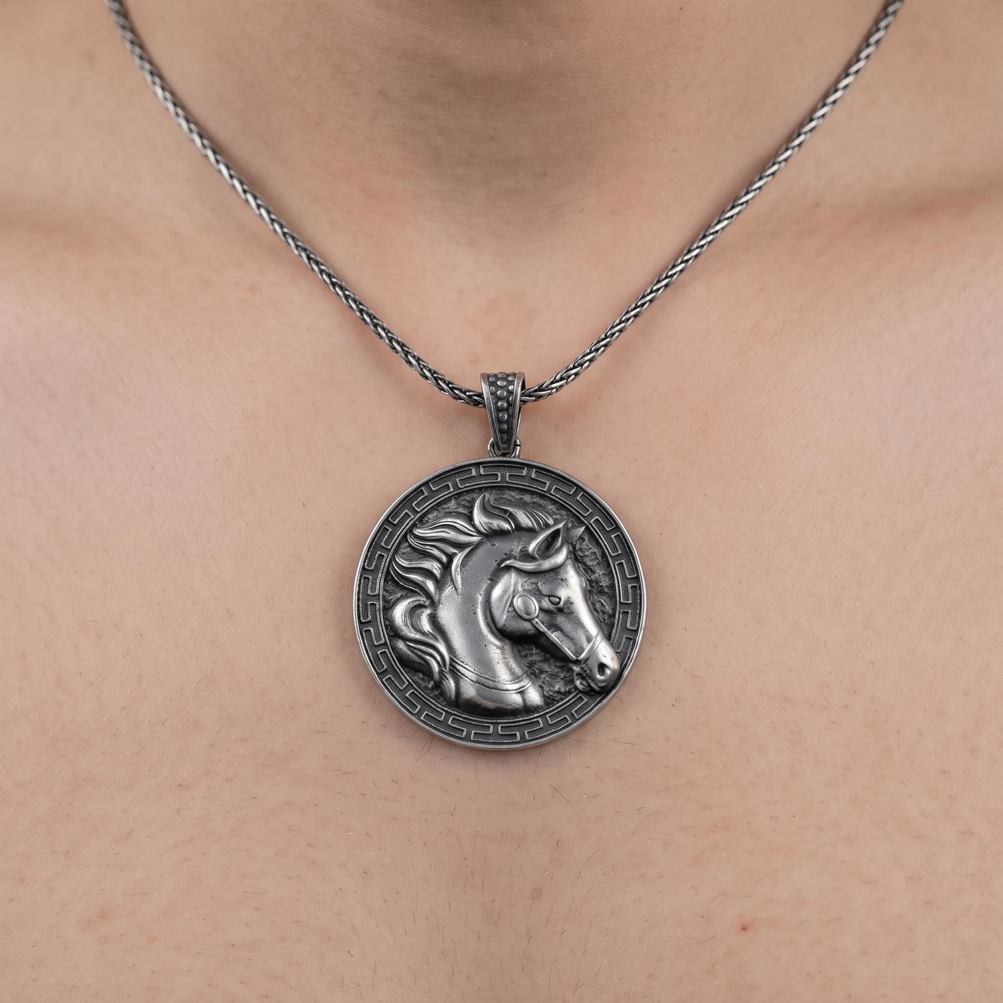 Handmade Oxidized Sterling Silver Horse Pendant, Greek Key Medallion Necklace