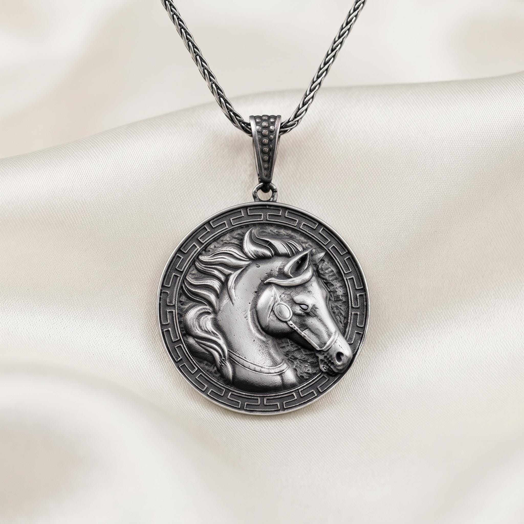 Handmade Oxidized Sterling Silver Horse Pendant, Greek Key Medallion Necklace