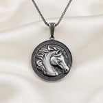 Handmade Oxidized Sterling Silver Horse Pendant, Greek Key Medallion Necklace