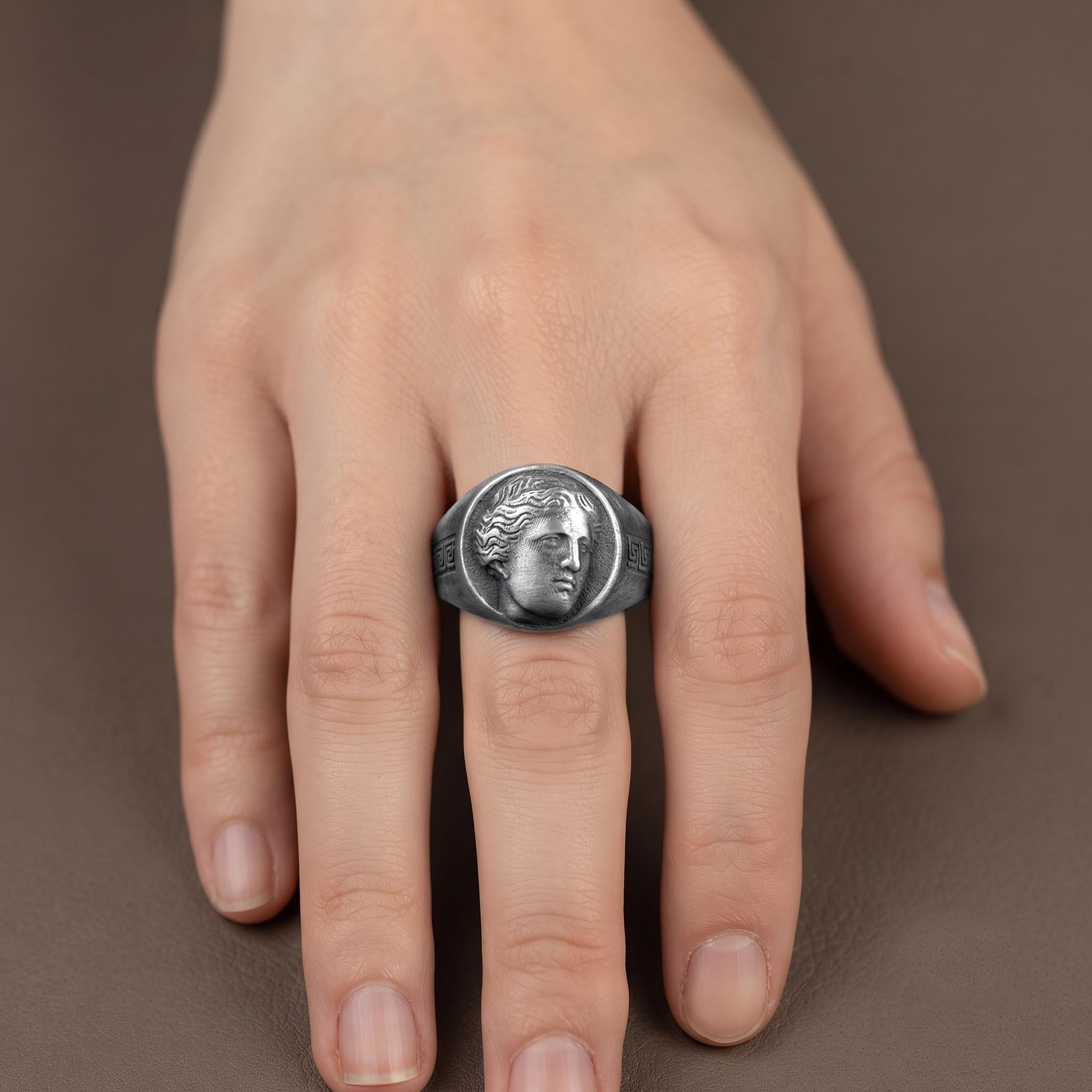 Sterling Silver Greek Goddess Signet Ring, Ancient History Jewelry, Oxidized Finish