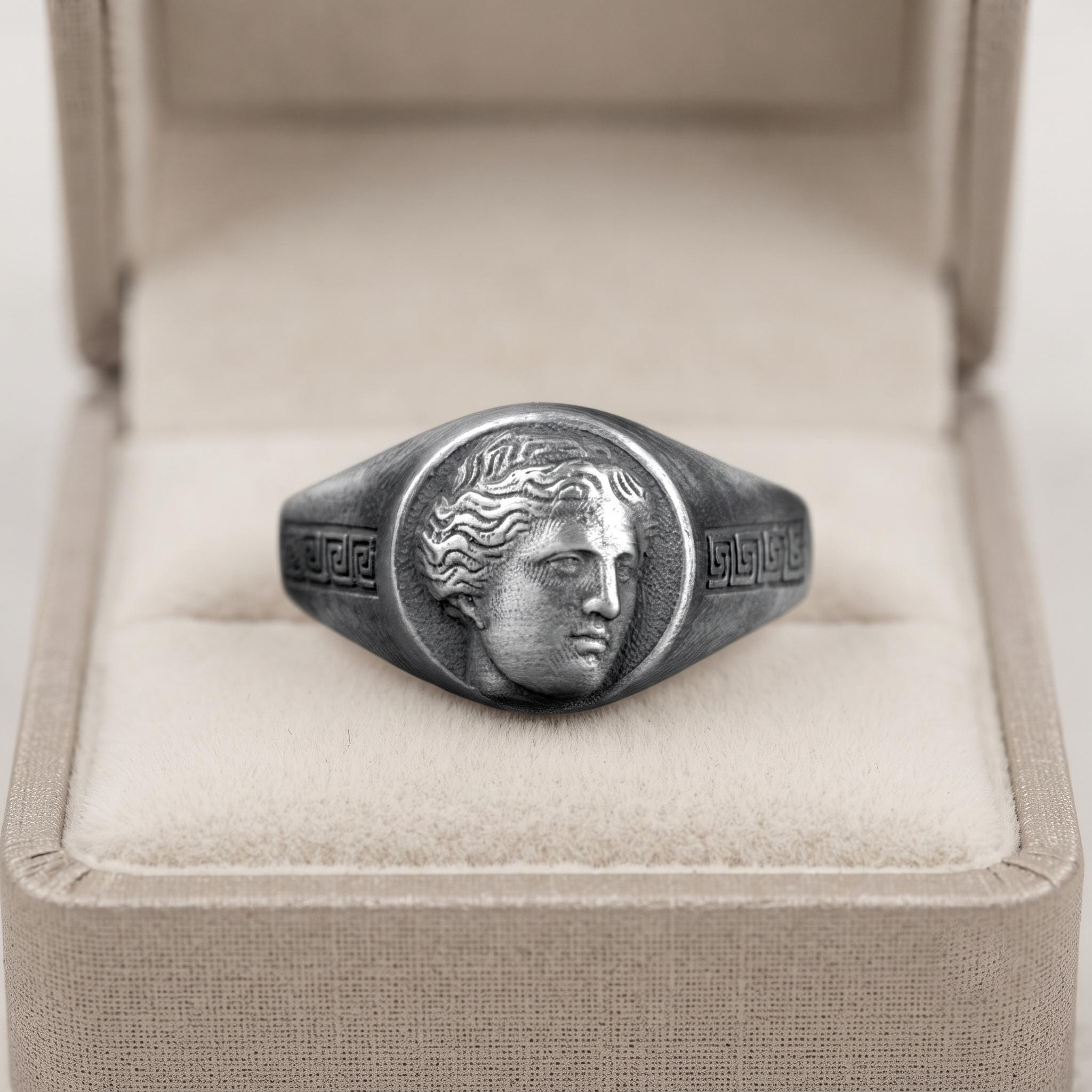Sterling Silver Greek Goddess Signet Ring, Ancient History Jewelry, Oxidized Finish