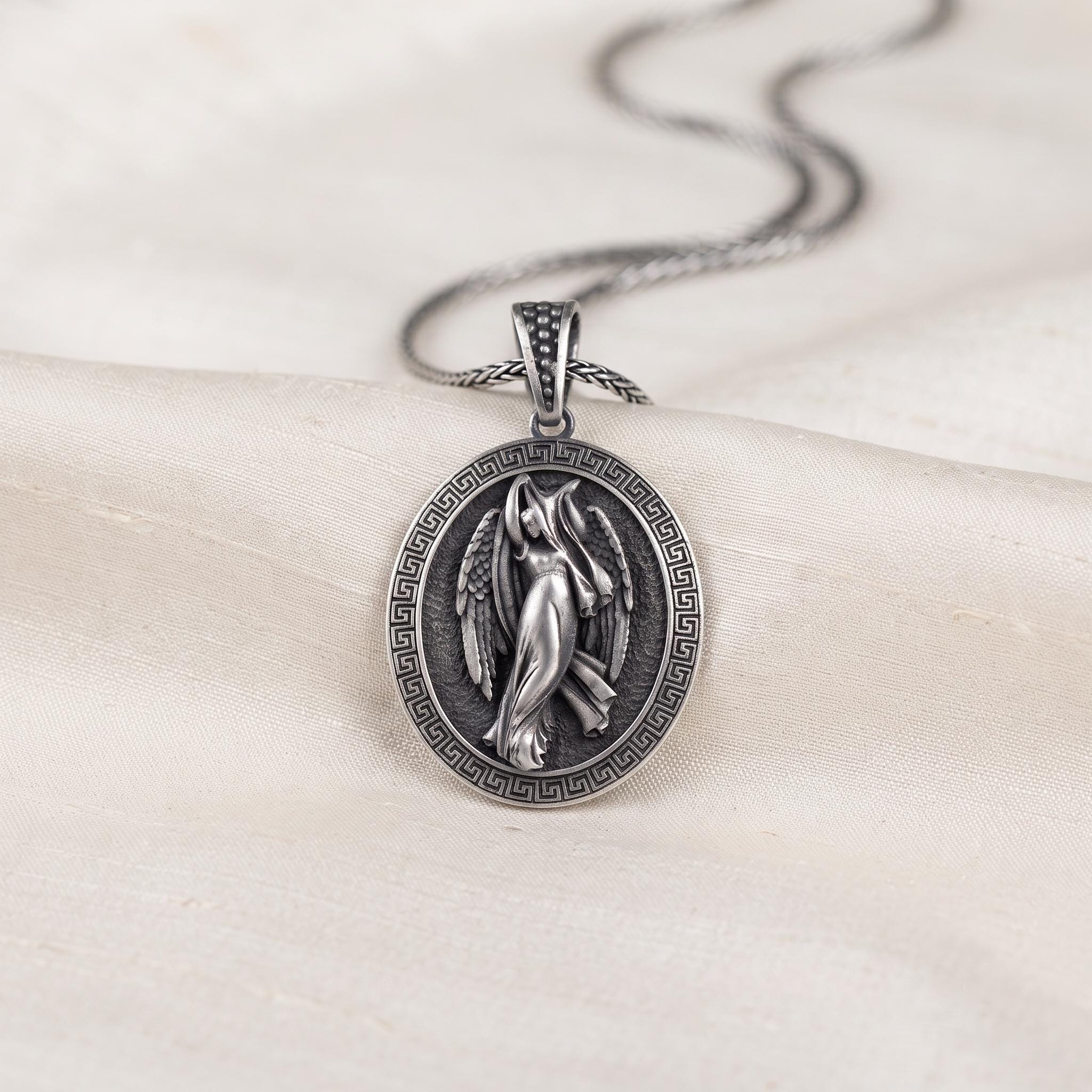 Vintage Sterling Silver Angel Wing Pendant Necklace, Gothic Religious Jewelry