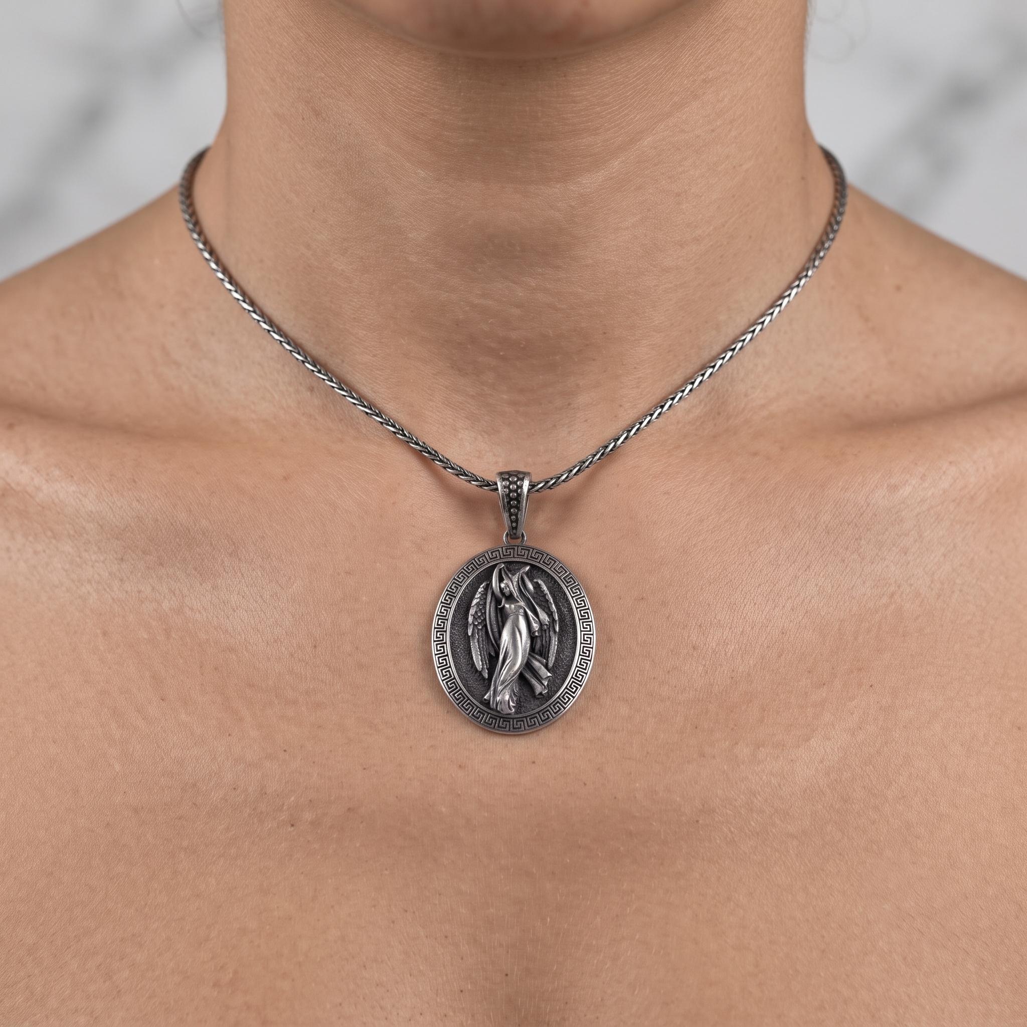 Vintage Sterling Silver Angel Wing Pendant Necklace, Gothic Religious Jewelry