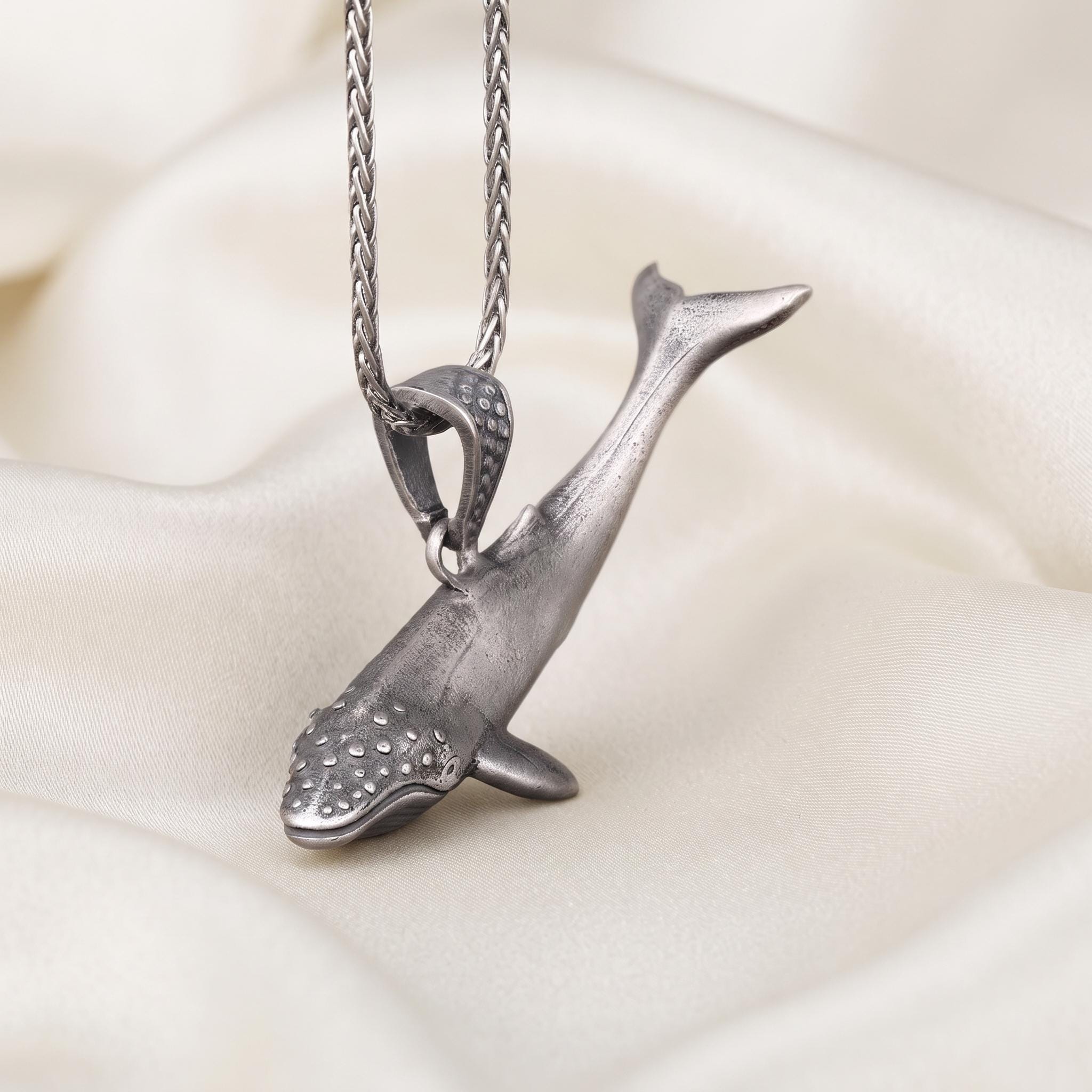 Sterling Silver Whale Pendant Necklace, Oxidized Marine Life Jewelry, Coastal Gift