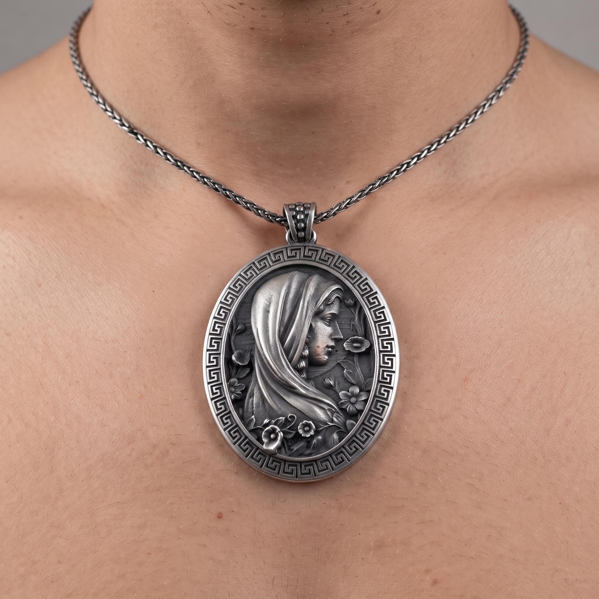Antique Sterling Silver Goddess Pendant Necklace, Oxidized Indian Jewelry, Spiritual Gift