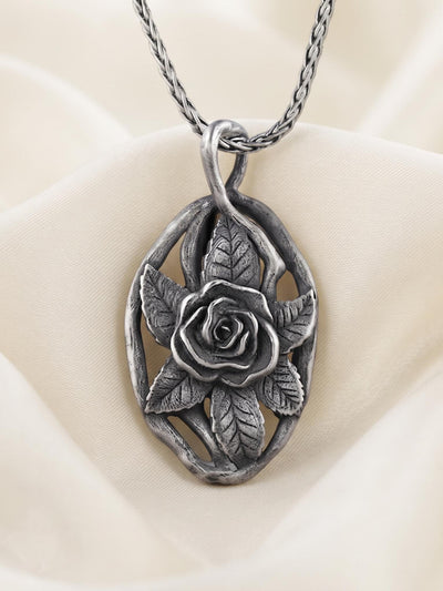 Sterling Silver Rose Pendant Necklace, Oxidized Floral Design, Vintage Botanical Jewelry