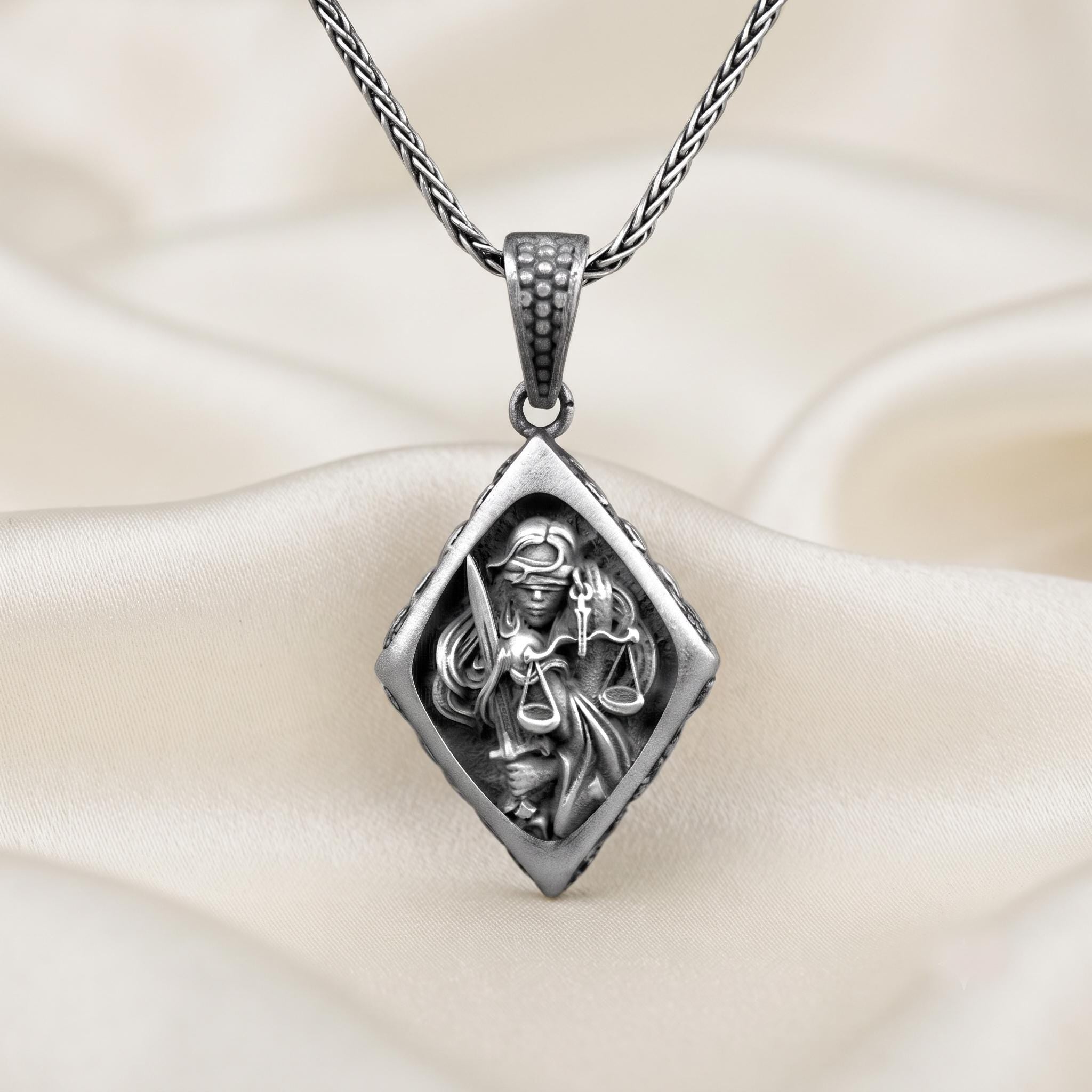 Sterling Silver Lady Justice Necklace, Oxidized Themis Scales Jewelry, Law Graduation Gift