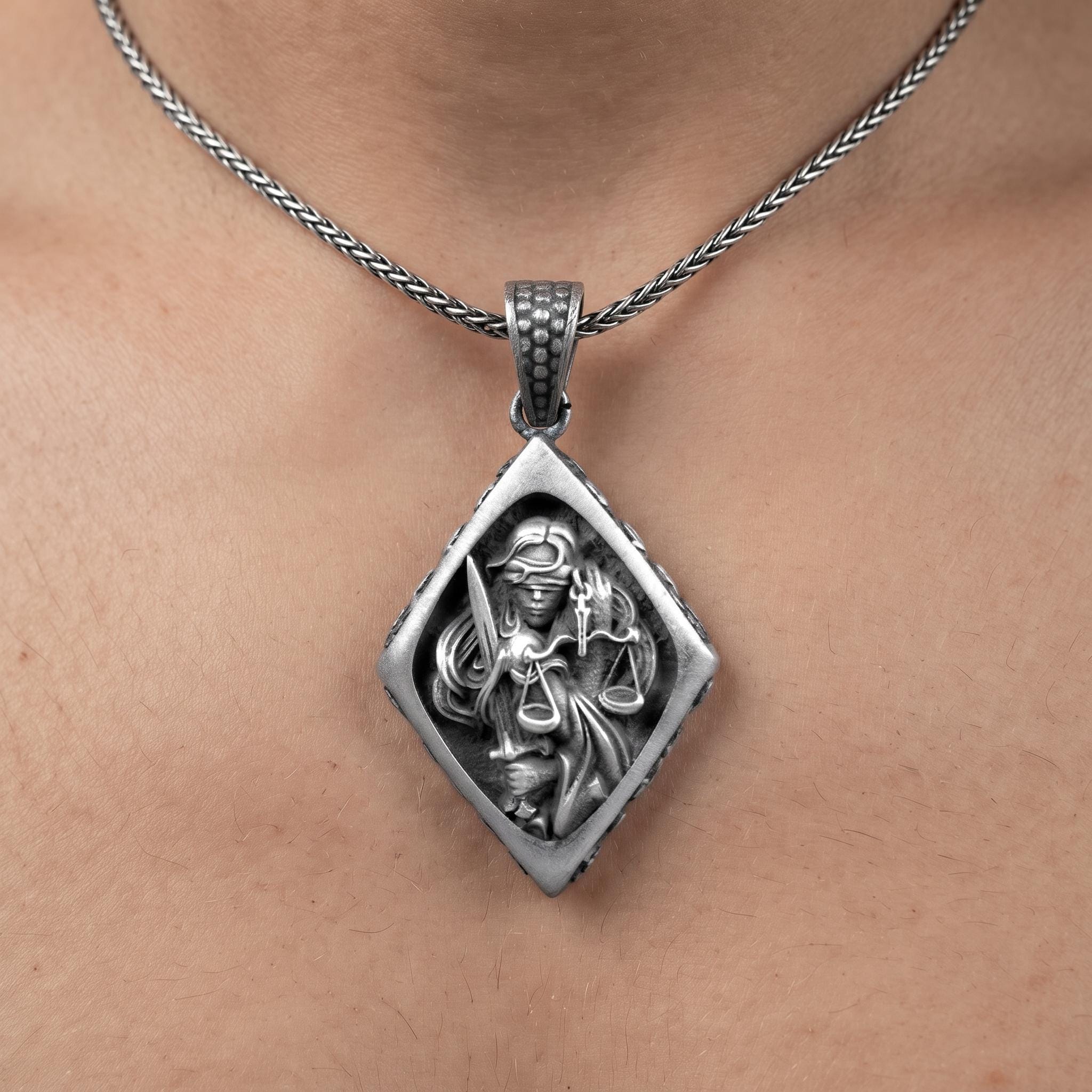 Sterling Silver Lady Justice Necklace, Oxidized Themis Scales Jewelry, Law Graduation Gift