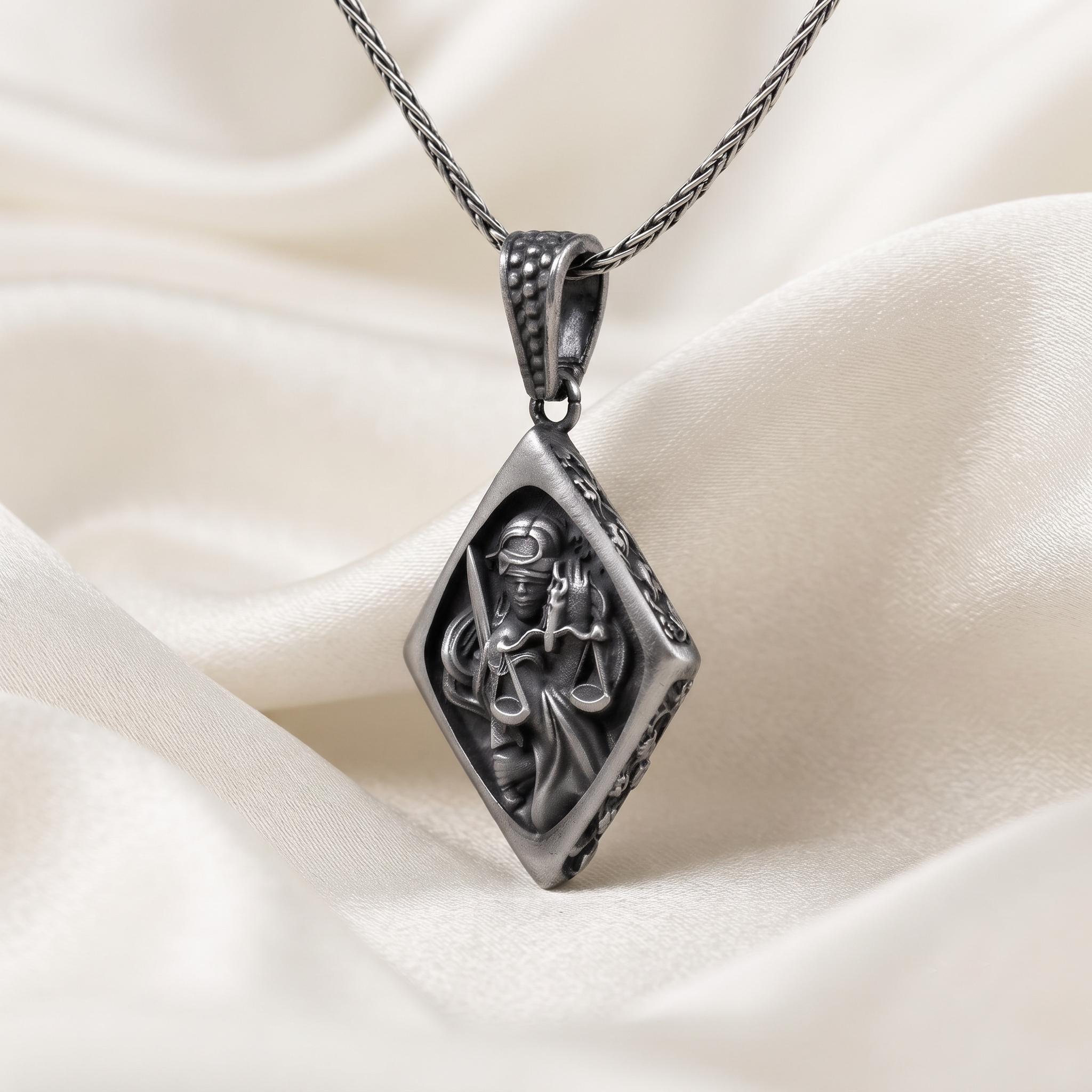 Sterling Silver Lady Justice Necklace, Oxidized Themis Scales Jewelry, Law Graduation Gift