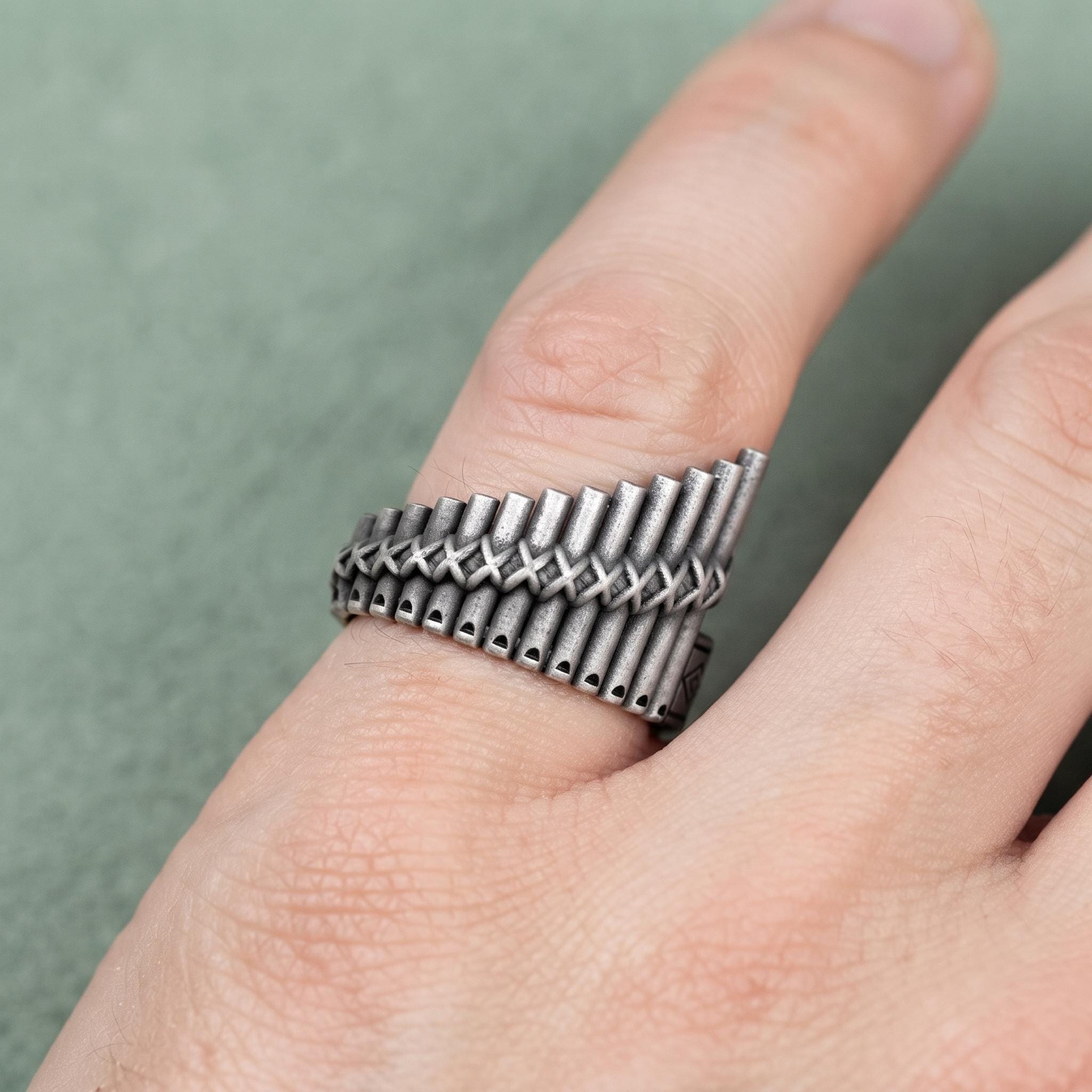 Sterling Silver Pan Flute Ring, Oxidized Antique Finish, Musician Jewelry