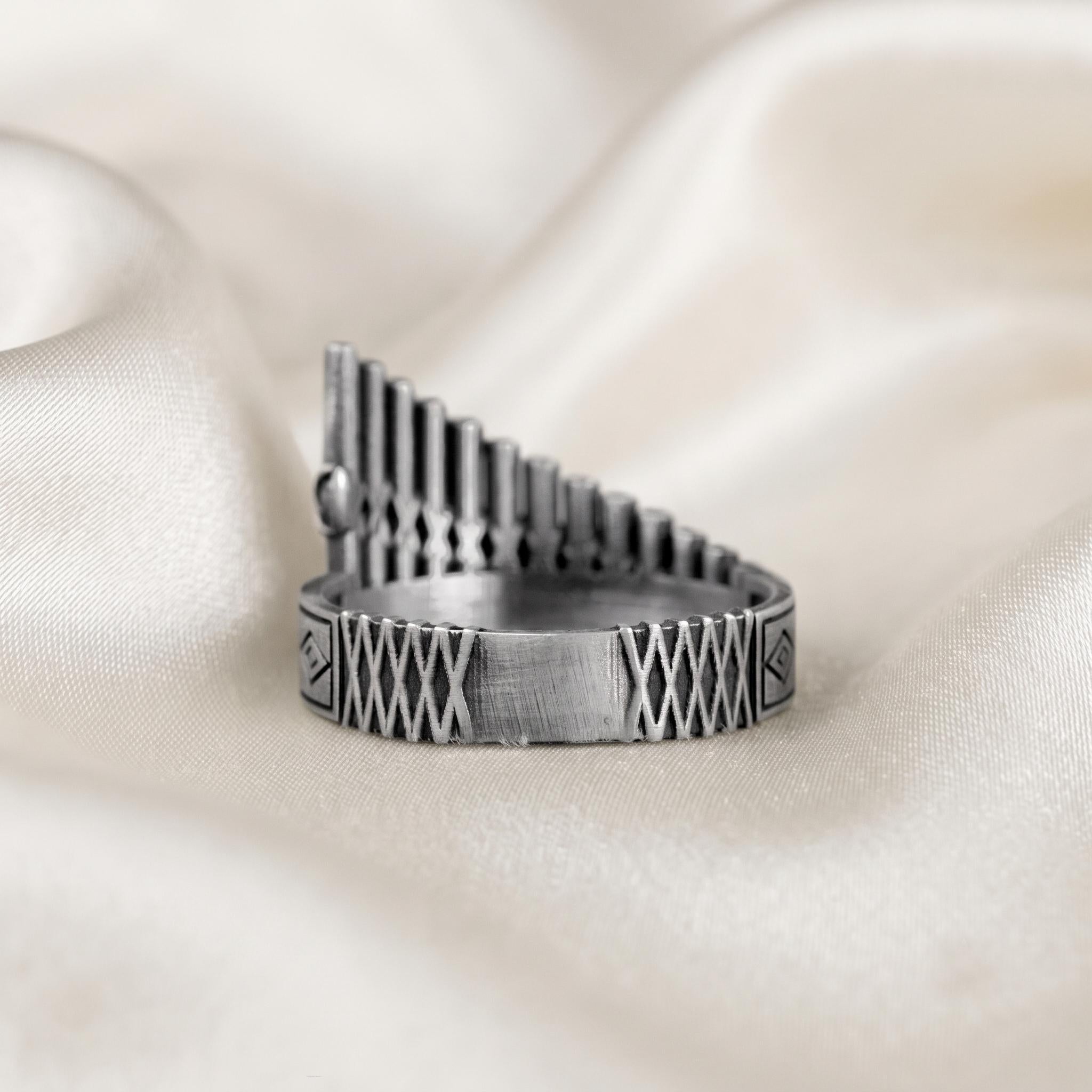 Sterling Silver Pan Flute Ring, Oxidized Antique Finish, Musician Jewelry