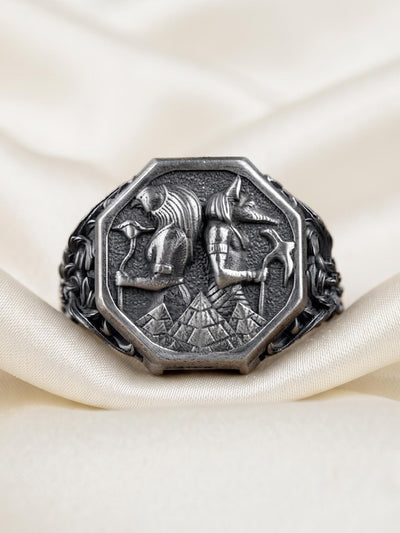 Sterling Silver Anubis Signet Ring, Egyptian God, Oxidized Finish, Gothic Mens Jewelry