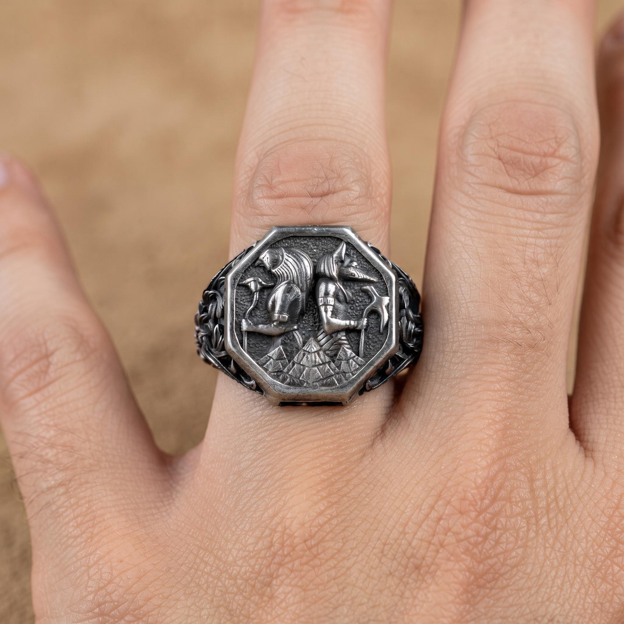 Sterling Silver Anubis Signet Ring, Egyptian God, Oxidized Finish, Gothic Mens Jewelry