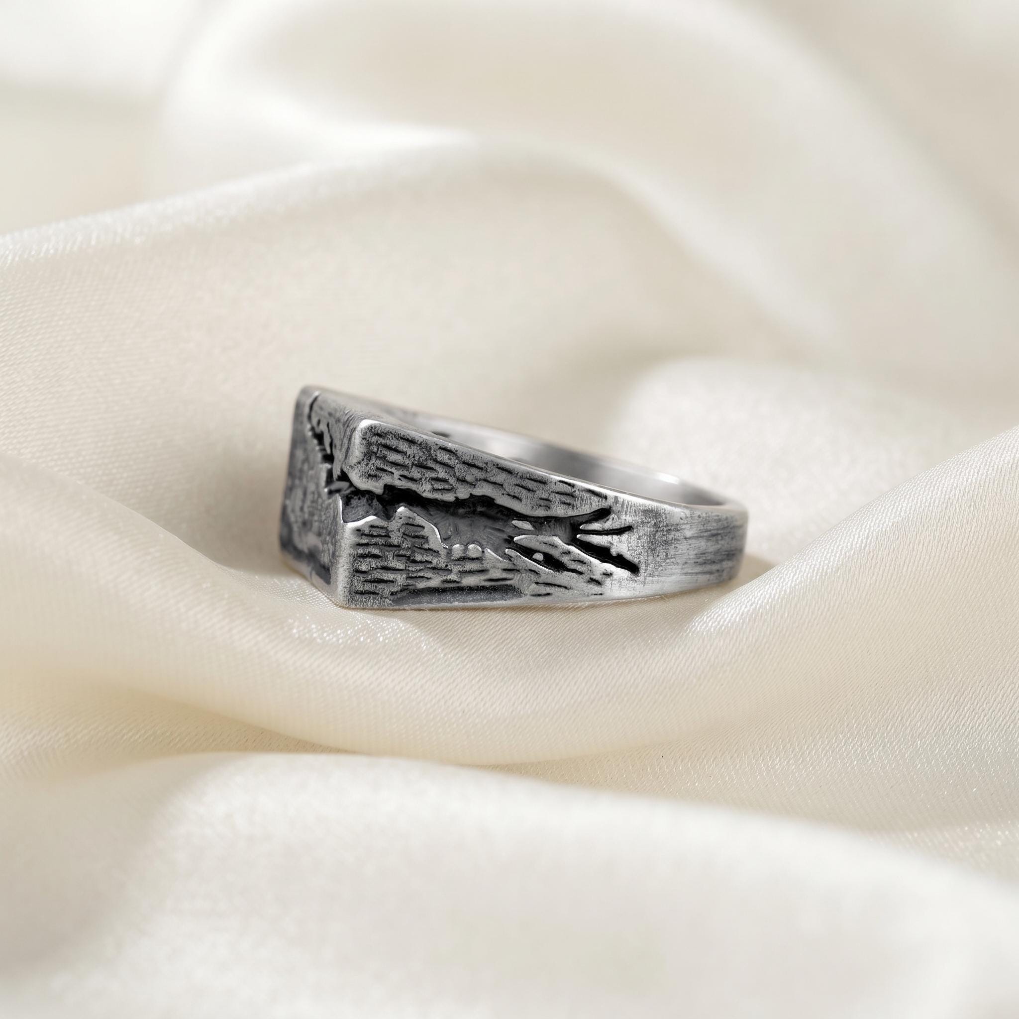 Handmade Textured Sterling Silver Signet Ring, Brutalist Rustic Statement Band