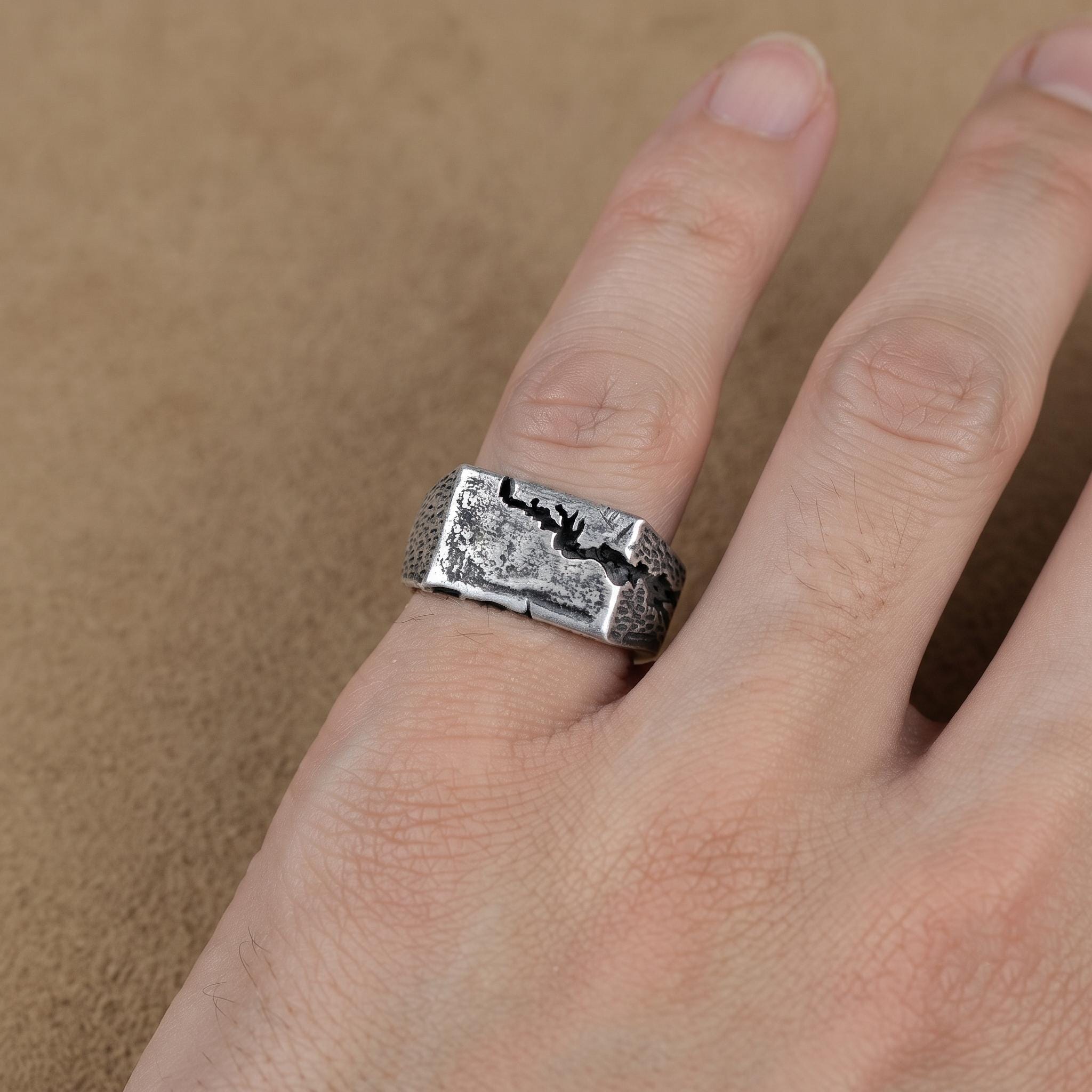Handmade Textured Sterling Silver Signet Ring, Brutalist Rustic Statement Band