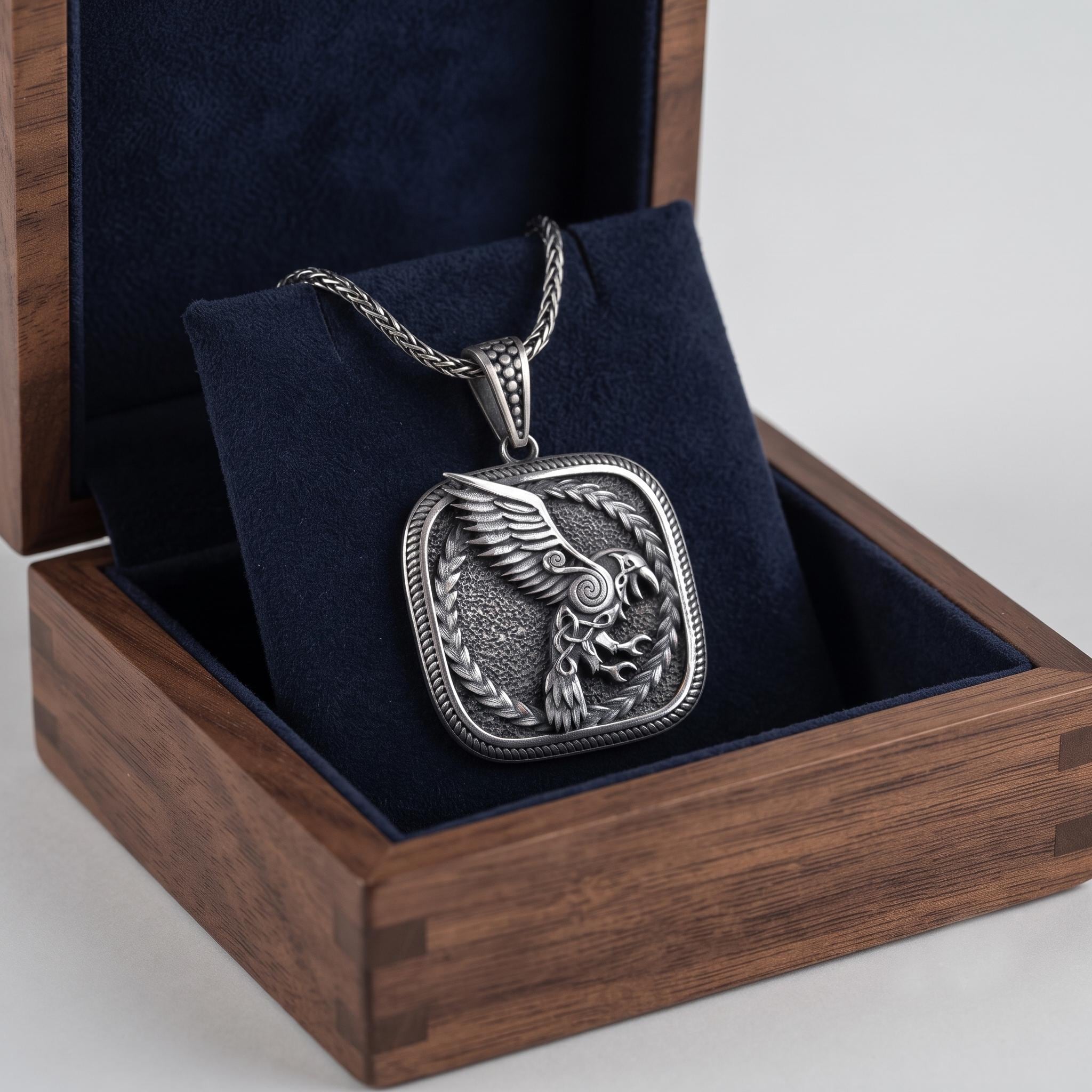 Oxidized Sterling Silver Viking Raven Pendant, Norse Mythology Necklace, Celtic Knotwork Amulet