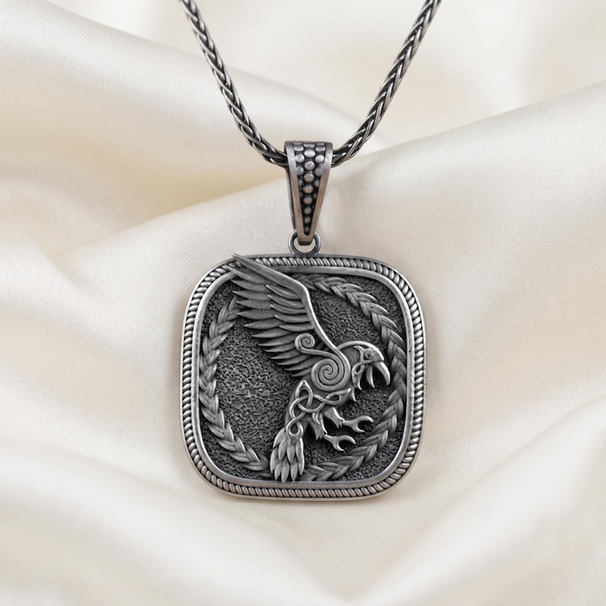 Oxidized Sterling Silver Viking Raven Pendant, Norse Mythology Necklace, Celtic Knotwork Amulet