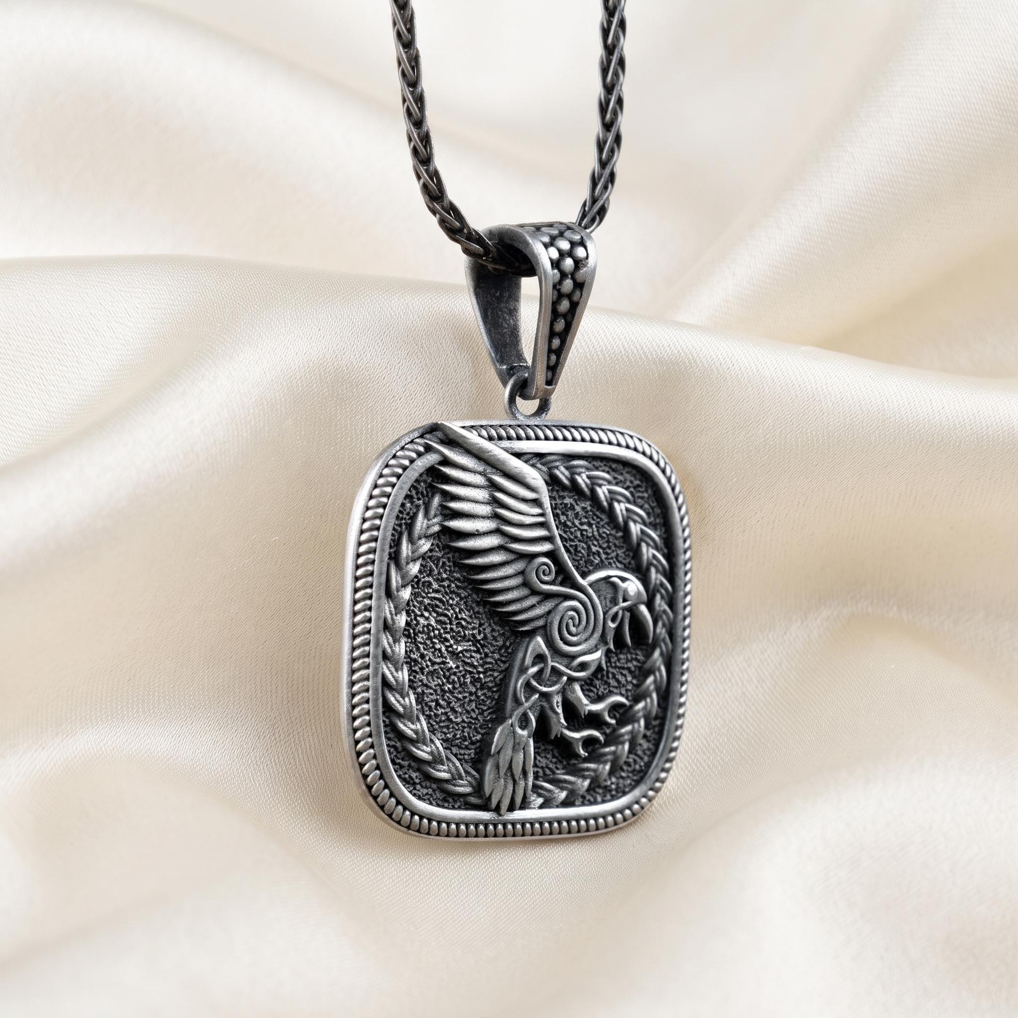 Oxidized Sterling Silver Viking Raven Pendant, Norse Mythology Necklace, Celtic Knotwork Amulet