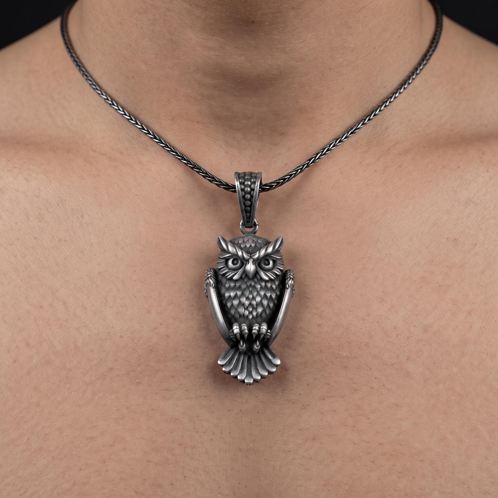 Sterling Silver Owl Pendant Necklace, Detailed Gothic Bird Charm, Gift for Him