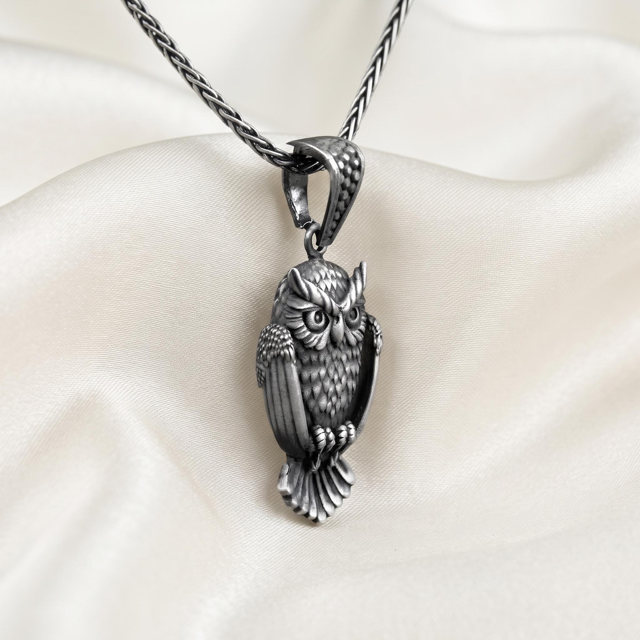 Sterling Silver Owl Pendant Necklace, Detailed Gothic Bird Charm, Gift for Him