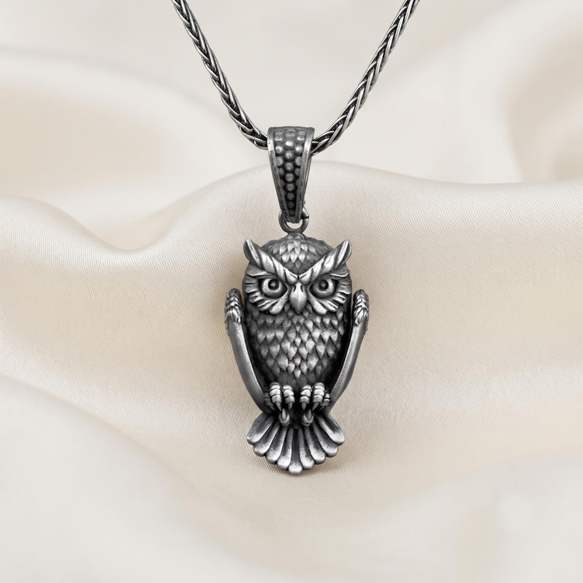 Sterling Silver Owl Pendant Necklace, Detailed Gothic Bird Charm, Gift for Him