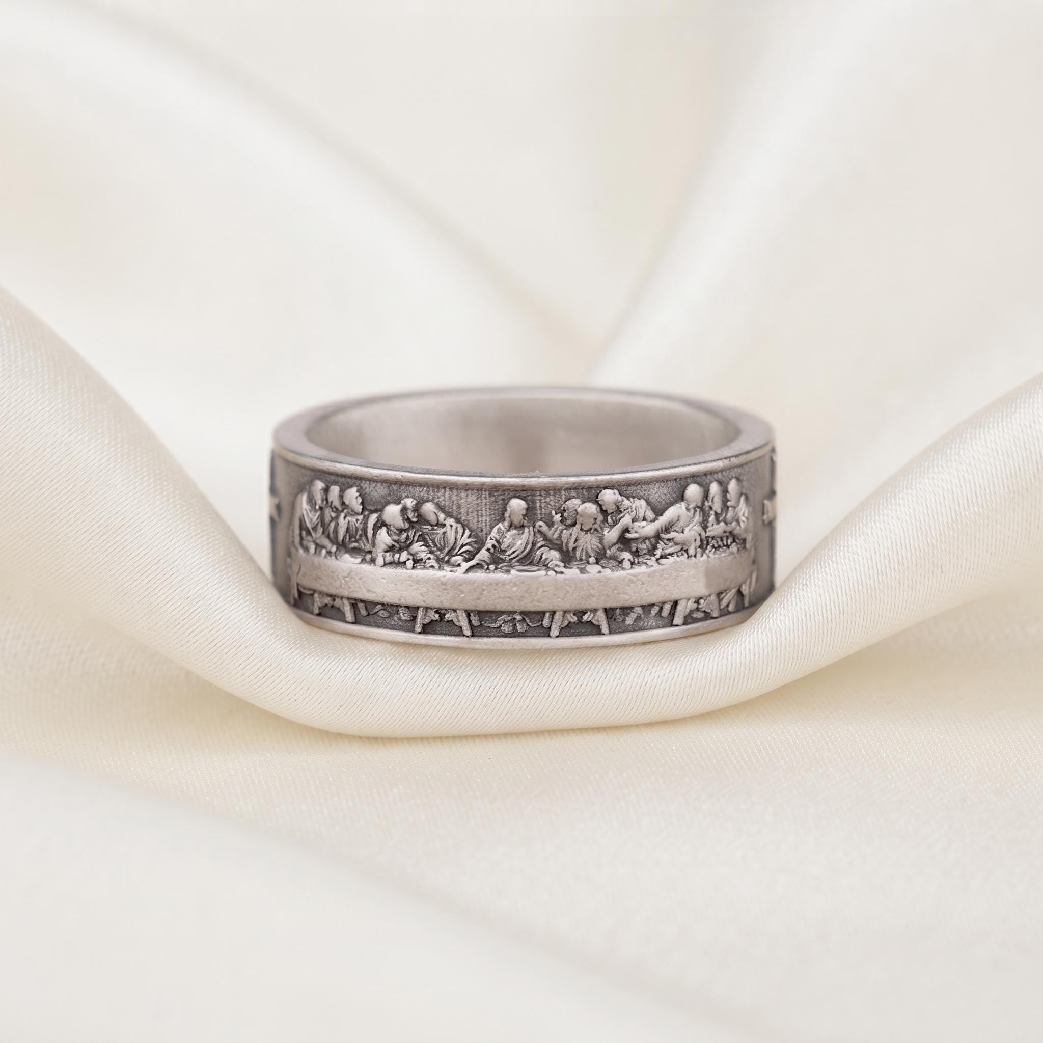 Sterling Silver Last Supper Ring, Da Vinci Art Band, Christian Jewelry