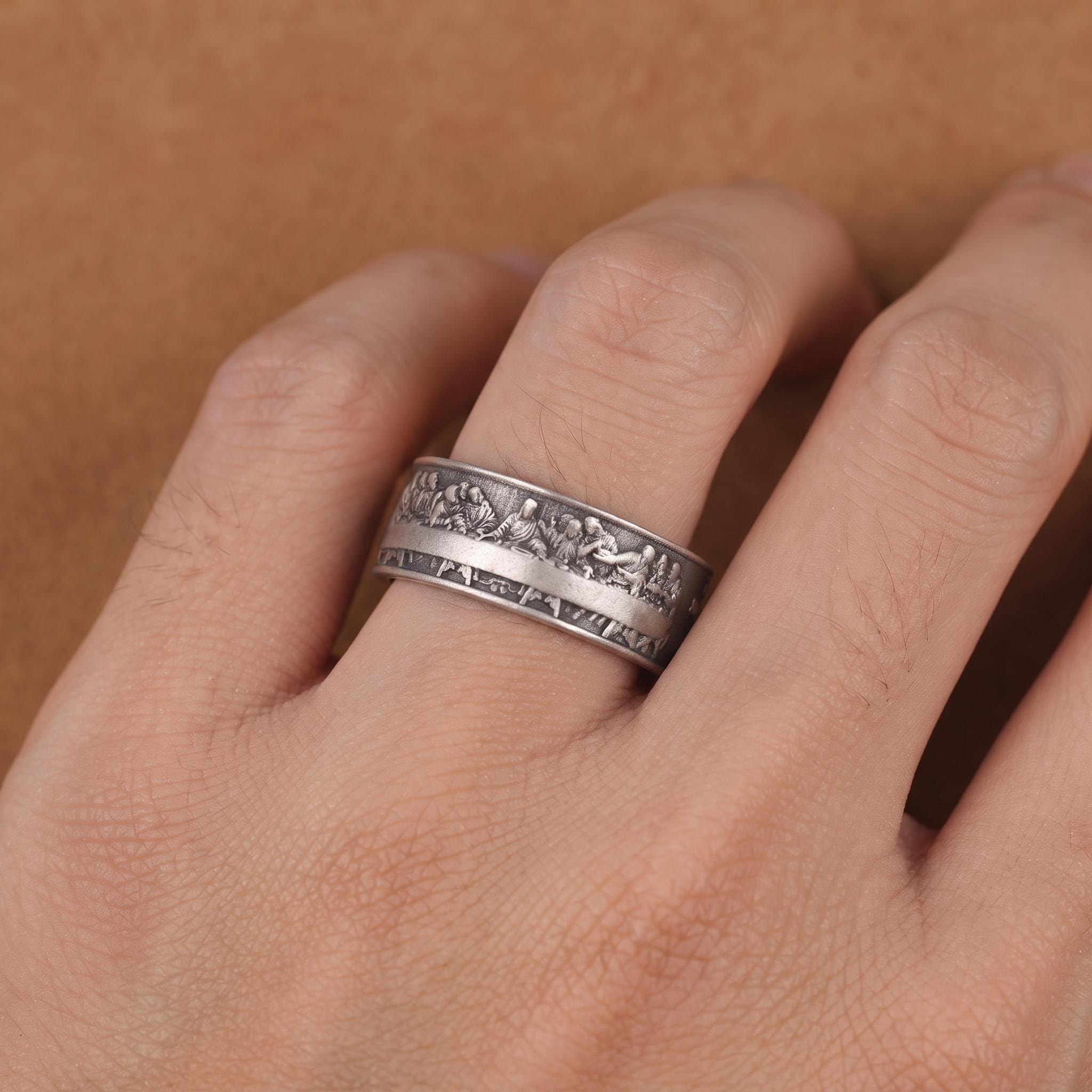 Sterling Silver Last Supper Ring, Da Vinci Art Band, Christian Jewelry
