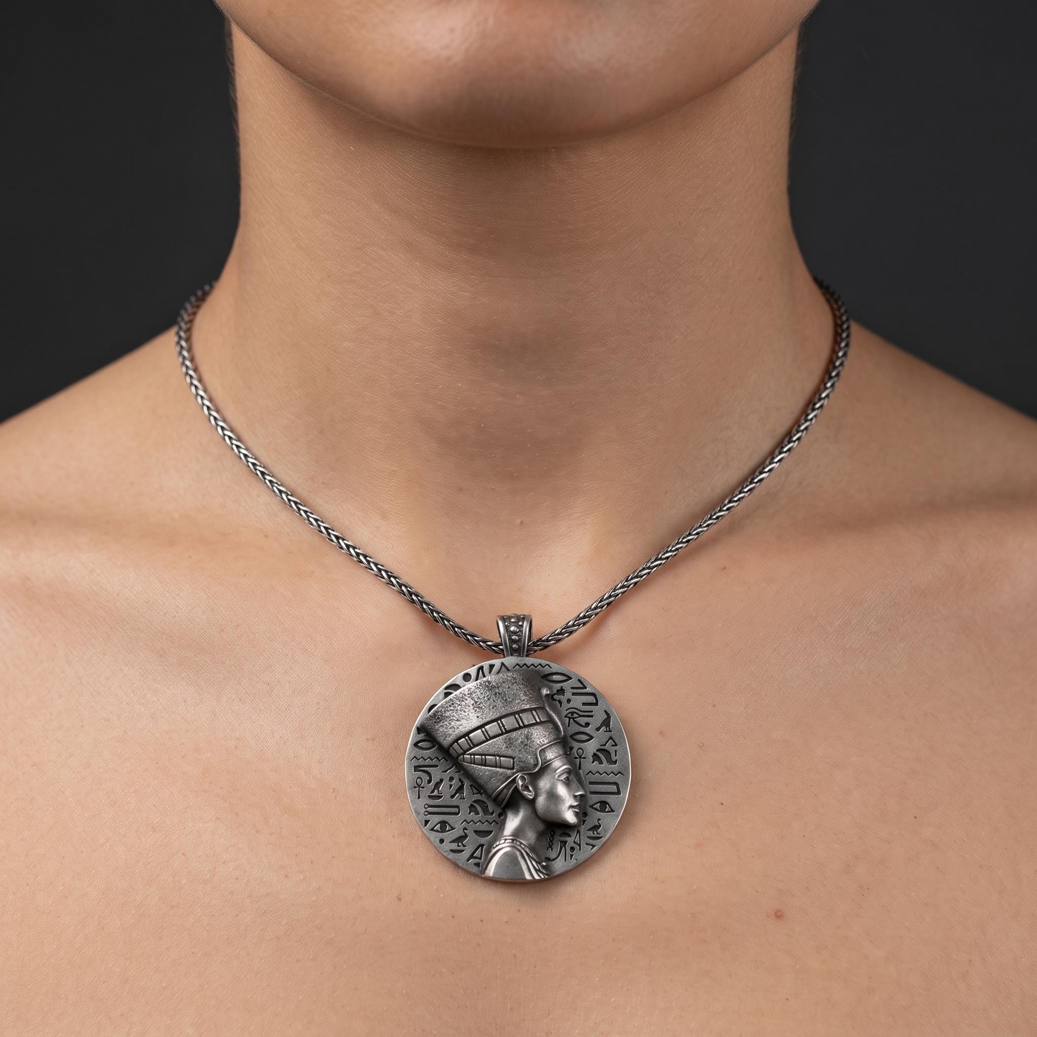 Handmade Sterling Silver Nefertiti Pendant Necklace, Ancient Egyptian Hieroglyphics Amulet